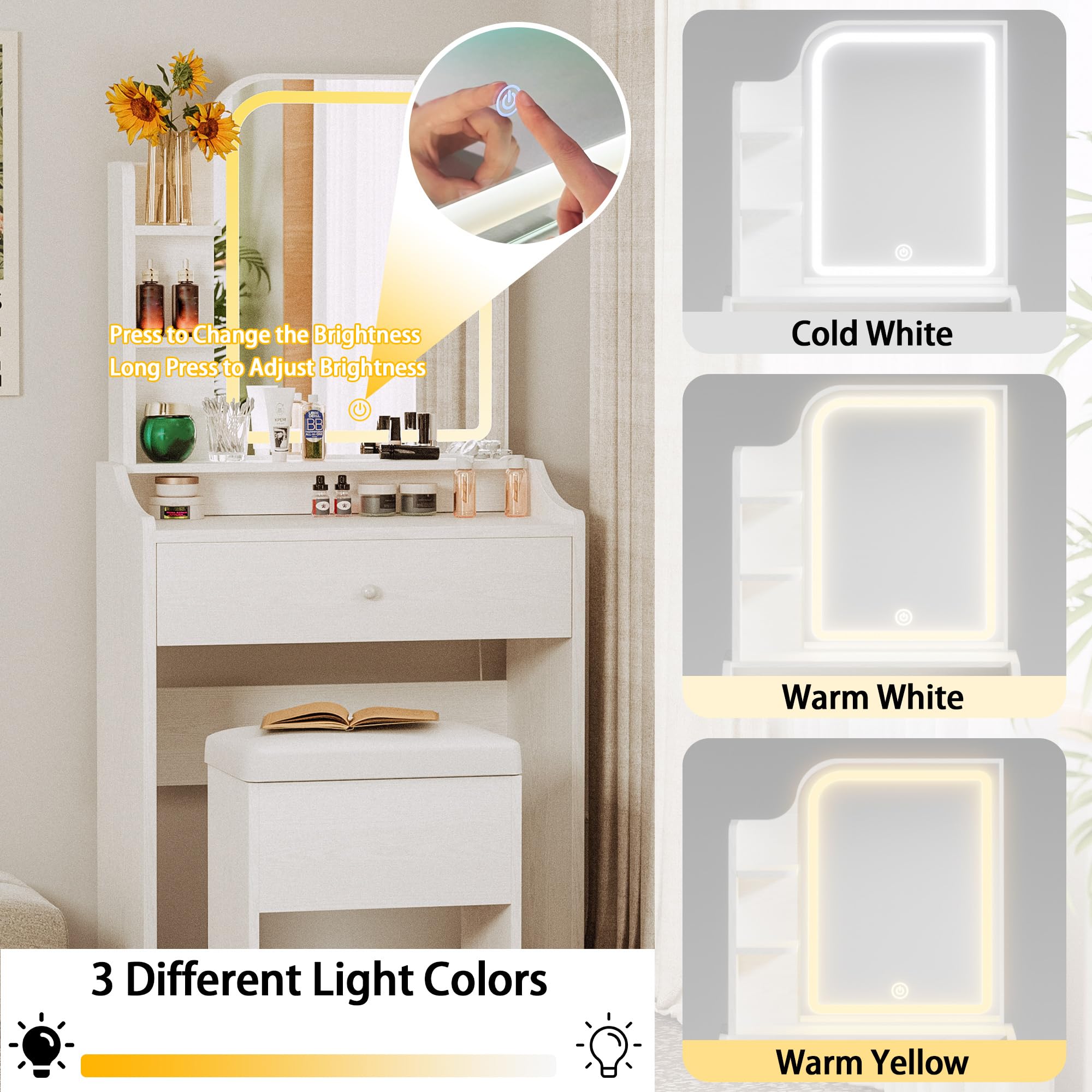 LIKIMIO Small White Makeup Vanity Desk with LED Lights & Mirror - Vanity Table Set with Storage Drawer, Chair & 3 Shelves for Bedroom - Perfect for Makeup Organization & Dressing Room Decor
