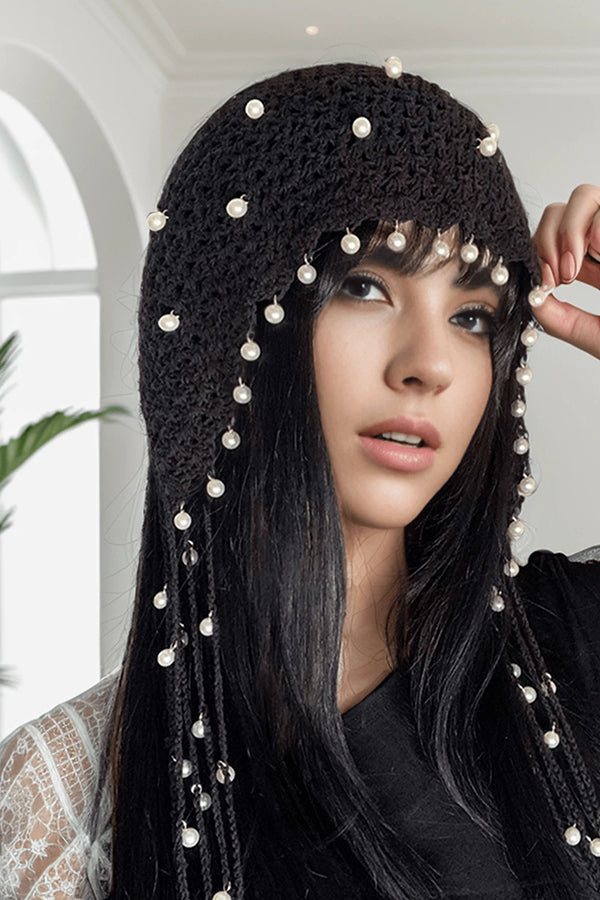 Stylish Solid Pearl Embellished Hollow Knit Winter Hat for Women - Perfect for Cold Weather, Outdoor Activities & Fashion Accessories
