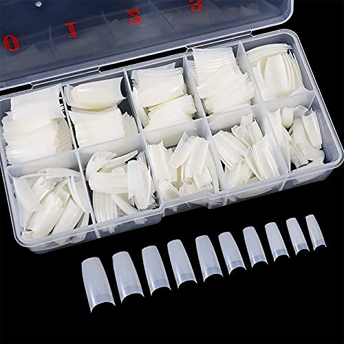 200 Pcs Acrylic Nail Tips - French Half Cover Fake Nails in 10 Sizes (Clear/Natural) for Nail Salon & DIY Manicure - Coffin Shape Artificial Nails with Storage Box - Perfect for Home Use, Professional Nail Art & Party Looks