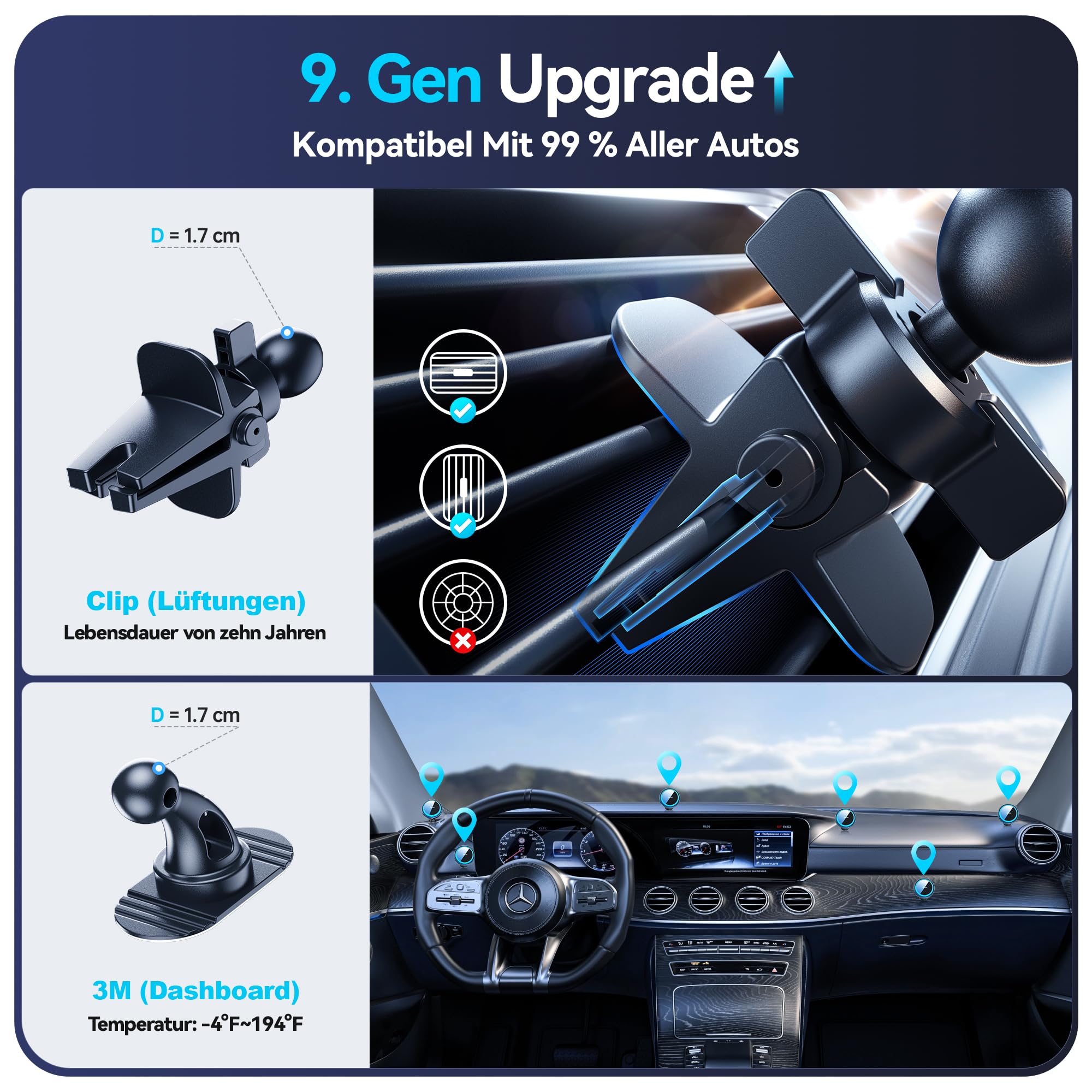 Beser MagSafe Car Mount Charger - 15W Qi Wireless Charging, Strong 4.13 lbf Magnet for iPhone 15/14/13/12 Series - Vent/Dashboard Phone Holder with 7 Color LED Lights & Aluminum Design (Black) - Perfect for Commuting, Road Trips & Hands-Free Driving