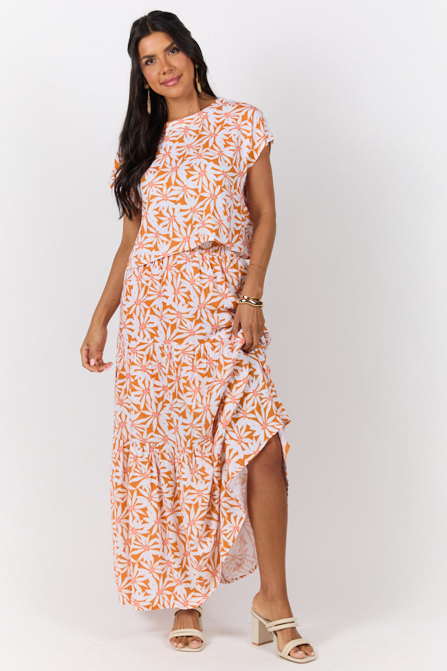 Stylish Orange Multi Floral Print Two Piece Skirt Set for Women | Casual Dinner Outfit & Summer Party Dress | Perfect for Date Nights, Brunch, and Outdoor Events