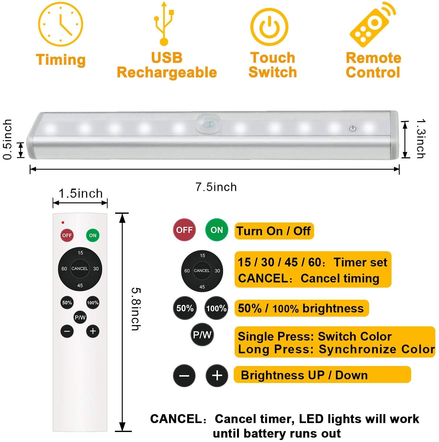 Diomart Wireless Rechargeable Under Cabinet Lighting - 20 LED Dimmable Stick-on Lights with Remote Control, Touch Sensor Night Light for Kitchen Counter, Wardrobe, Closet (4 Pack) - Perfect for Home, Office, and RV Lighting Solutions