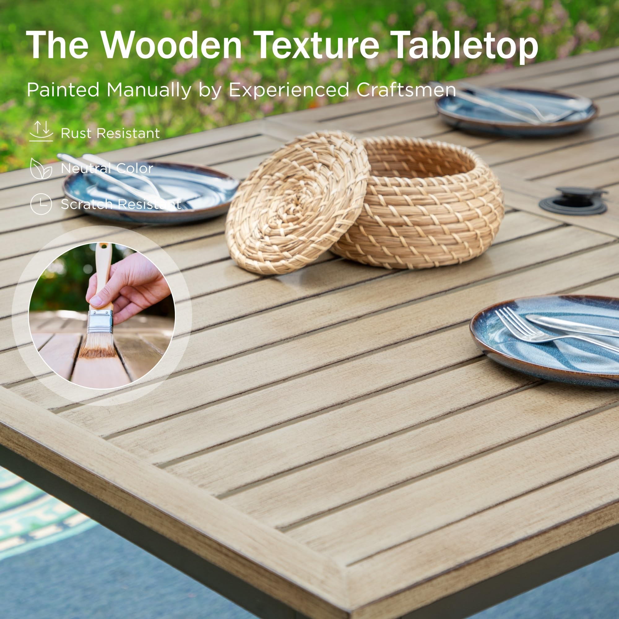 PHI VILLA 64-Inch Rectangular Outdoor Dining Table - Weather-Resistant Wood-Like Tabletop with Umbrella Hole - Patio, Lawn, Backyard & Garden Furniture (Brown) | Perfect for Outdoor Entertaining, BBQs & Poolside Dining