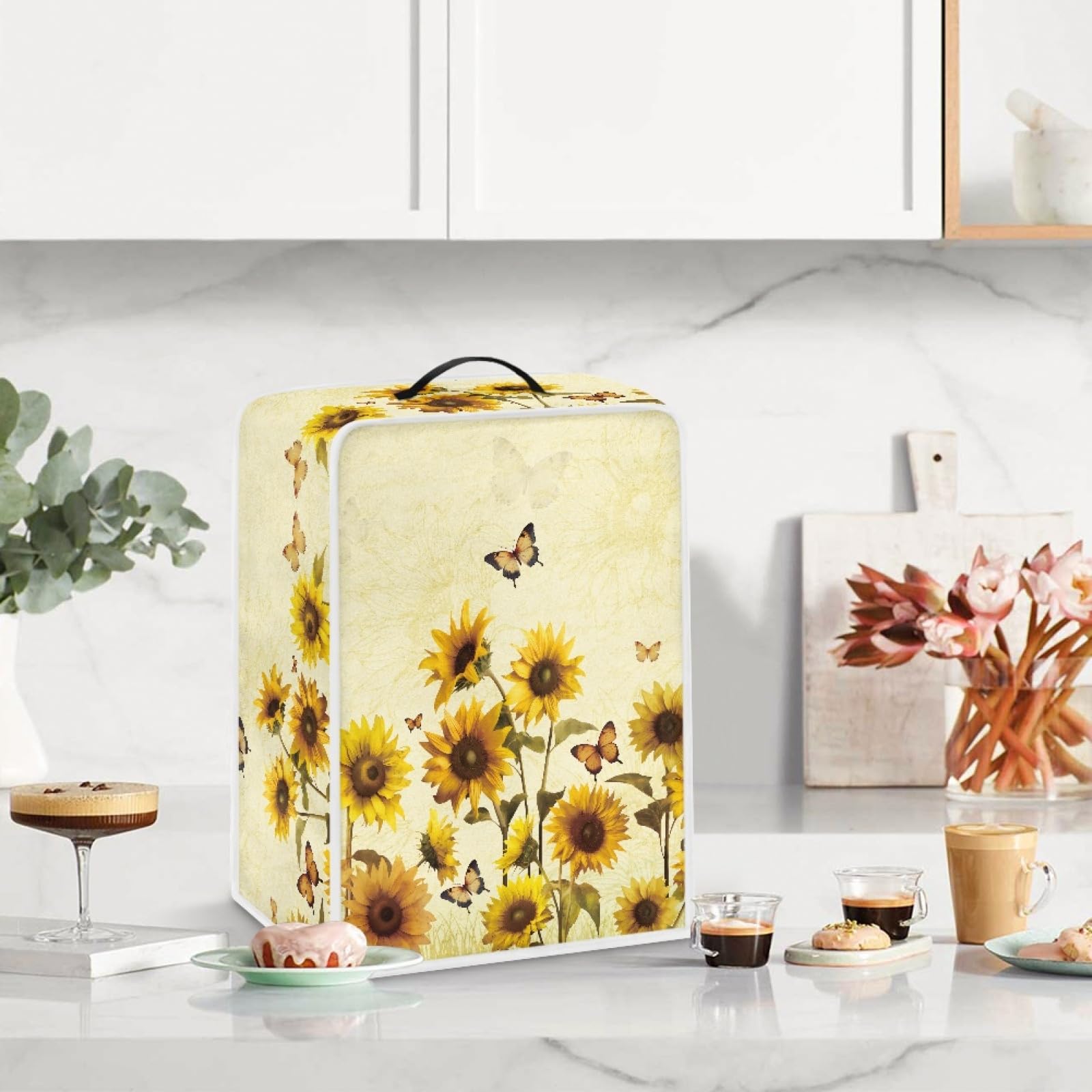 Sunflower Butterfly Print Coffee Maker Cover - Foldable Polyester Dust Cover for Kitchen Appliances | Perfect for Keurig, Nespresso & Drip Coffee Machines