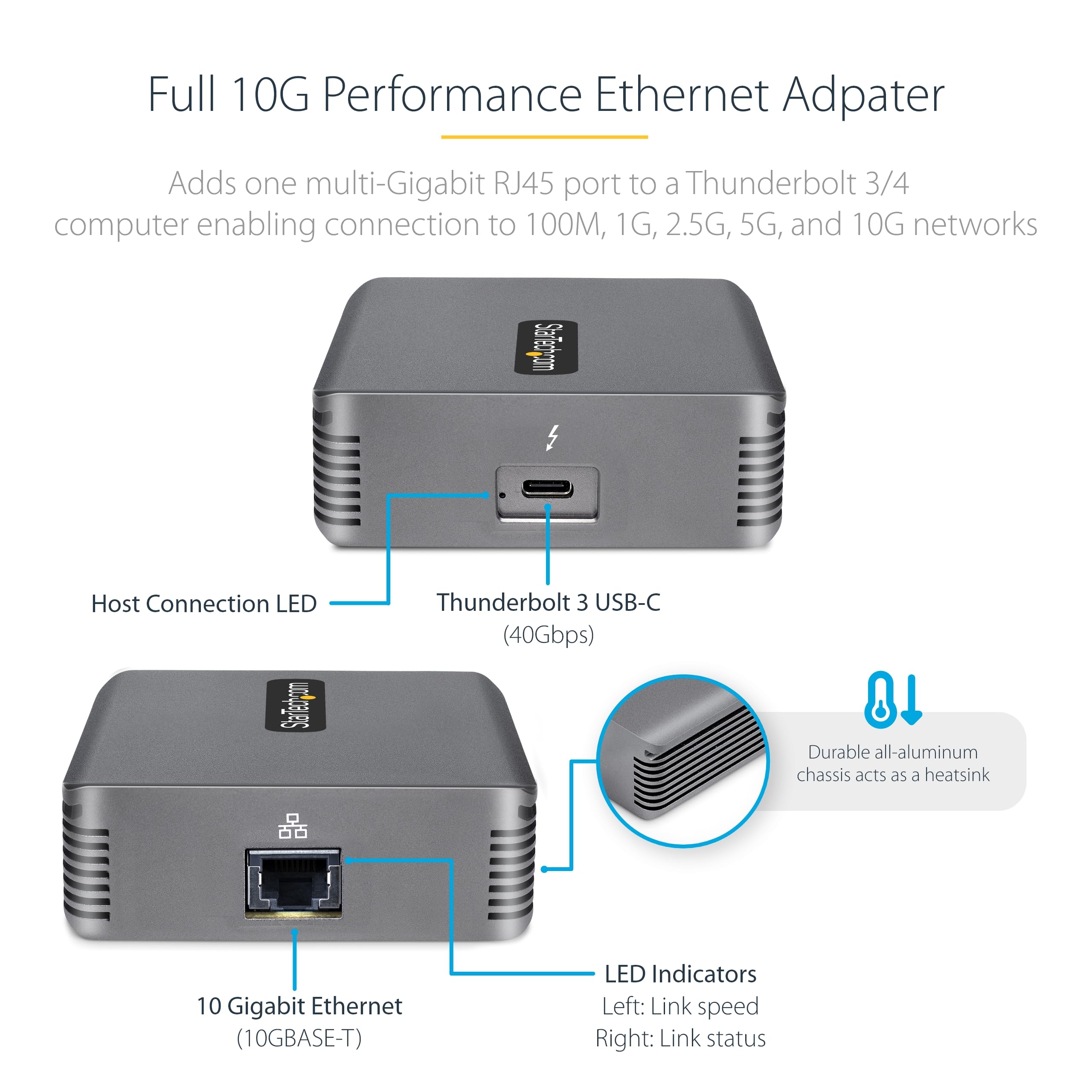 StarTech.com Thunderbolt 3 to Ethernet Adapter - 10GbE Multi-Gigabit RJ45 Network Converter with TB3-Certified Cable (10GBASE-T/5-2.5GBASE-T) for Windows & Mac - Perfect for High-Speed Data Transfer, Gaming, and Video Editing