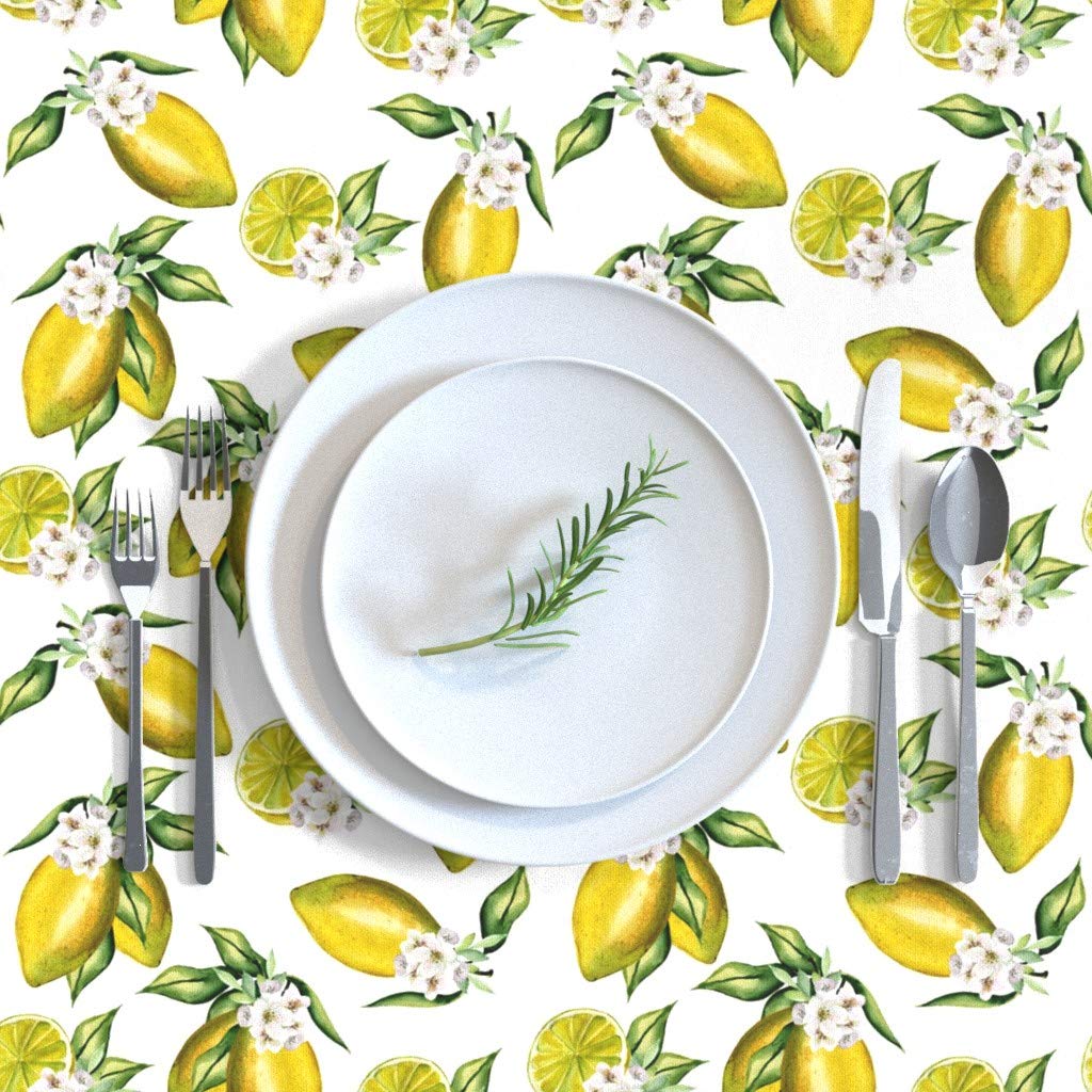 Premium Spoonflower Cotton Sateen Tablecloth 70x90 Inches - Watercolor Lemon Floral Fruit Print Kitchen Dining Table Linens | Perfect for Spring Parties, Outdoor Picnics & Farmhouse Decor