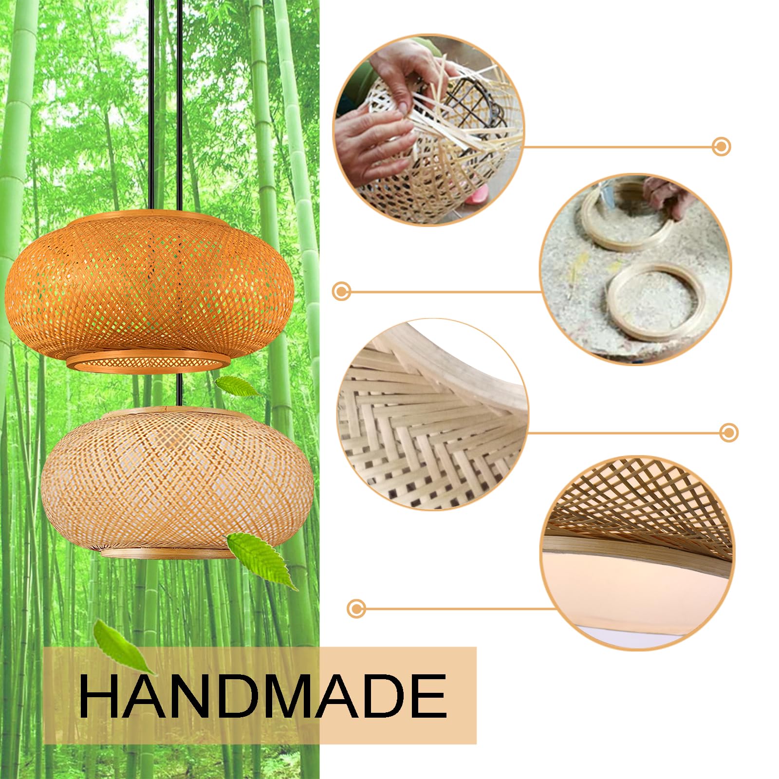 GWY Bamboo Lantern Pendant Light - Japanese Retro Style E27 Chandelier Hanging Ceiling Lamp for Living Room, Bedroom, Restaurant & Cafe | Perfect for Zen Decor, Asian Tea Houses, Bars and Dining Areas