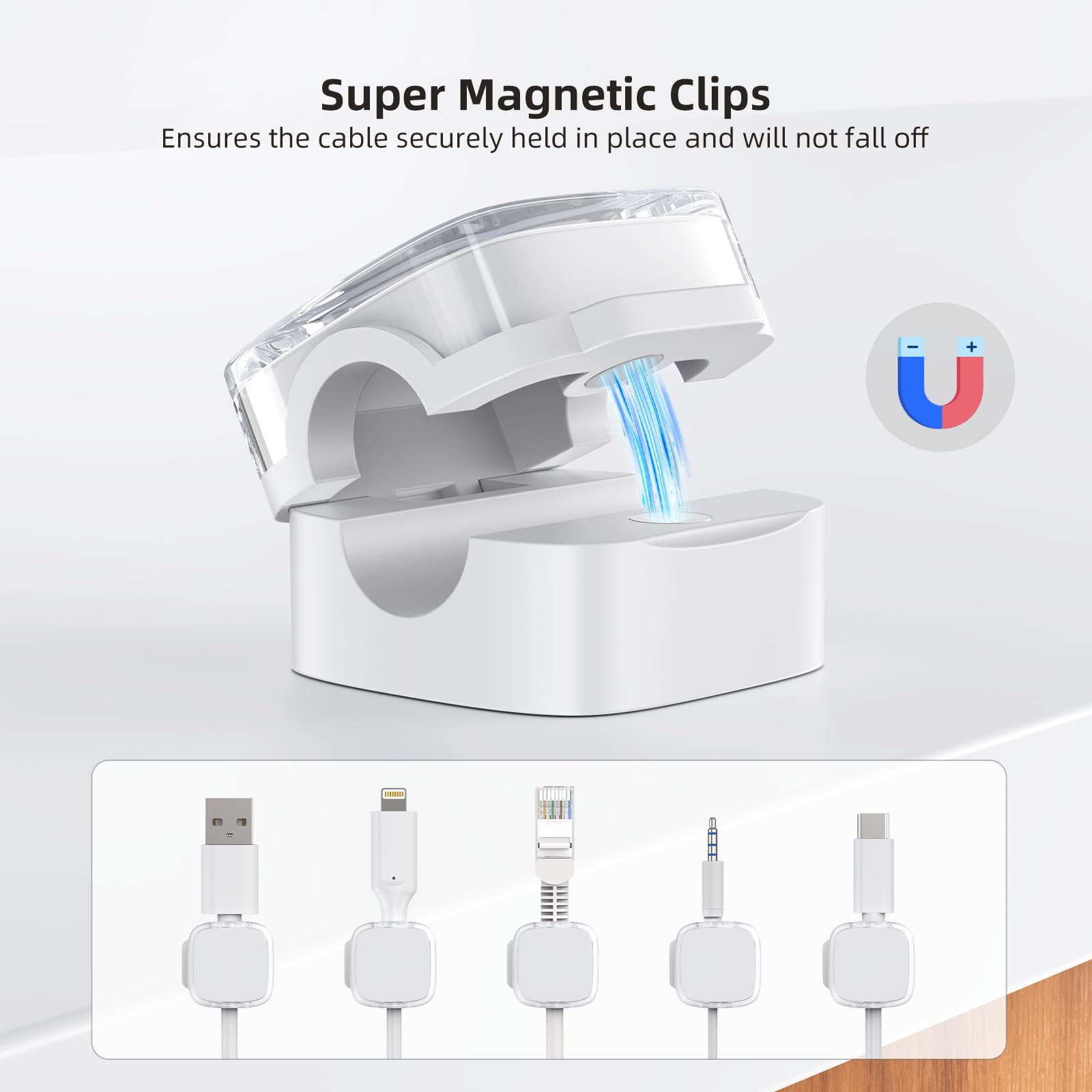 6 Pack Magnetic Cable Clips - Strong Adhesive Cord Organizer for Desk, Nightstand, Kitchen, Car & Office - Clear White Wire Keepers for Phone Chargers, Headphones & Appliances