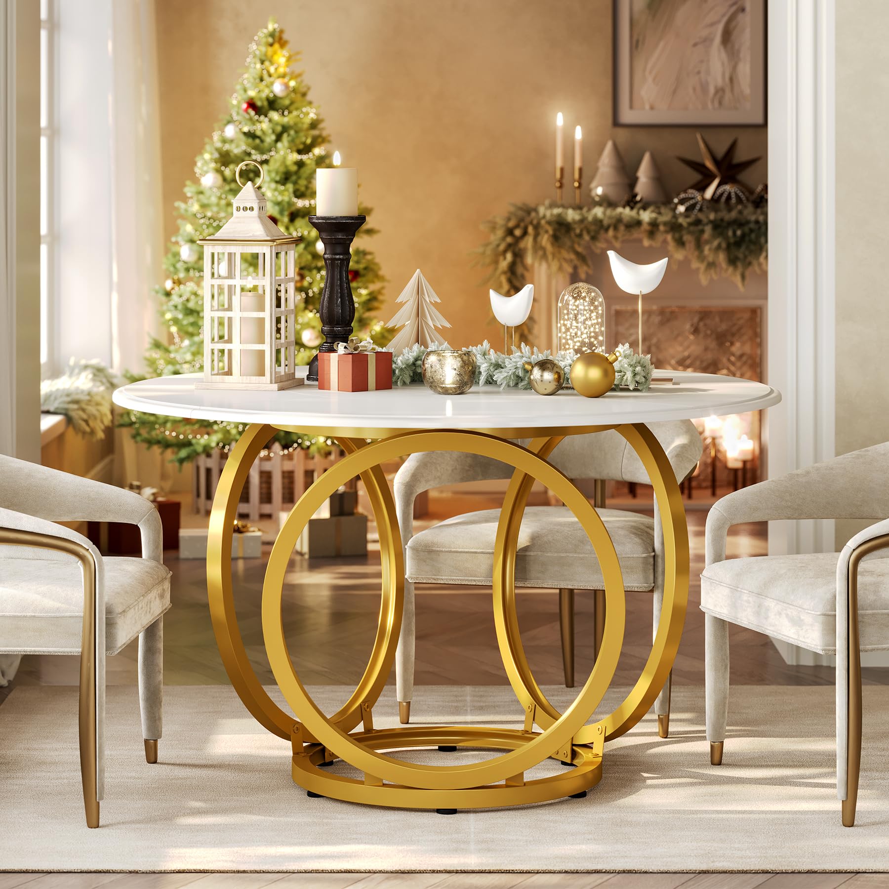Modern White Round Dining Table for 4 - 47 Inch Kitchen Table with Gold Metal Base | Perfect for Small Spaces, Breakfast Nooks & Contemporary Dining Rooms