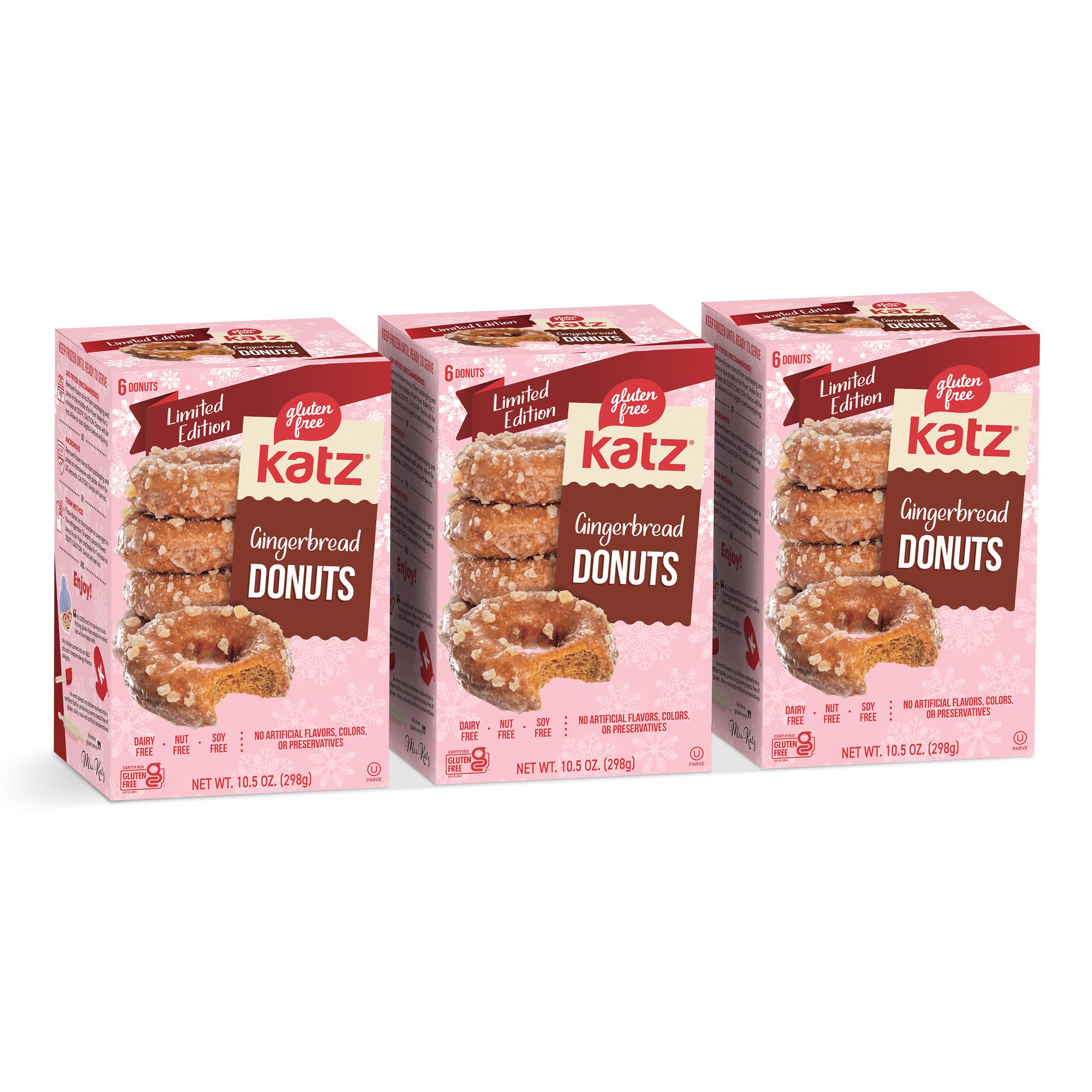 Katz Gluten Free Gingerbread Donuts - Dairy Free, Nut Free, Soy Free, Vegan & Kosher Certified (3 Packs of 6 Donuts, 10.5oz Each) - Perfect for Holiday Gifts, Parties & Celiac-Friendly Snacking