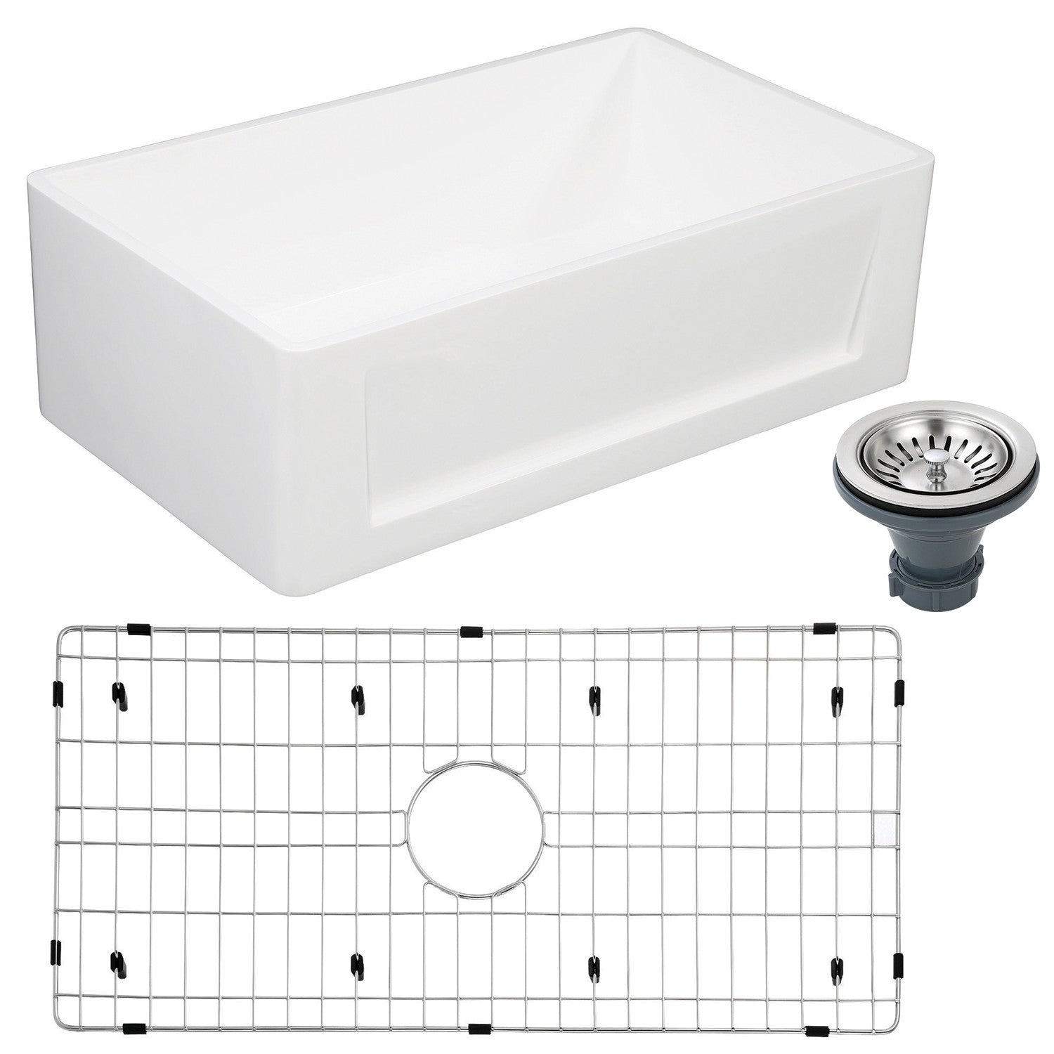 33 Inch White Farmhouse Kitchen Sink - Matte Solid Surface Apron Front Single Bowl with Strainer & Grid | Perfect for Rustic & Modern Kitchens, DIY Home Renovation & Country Style Decor