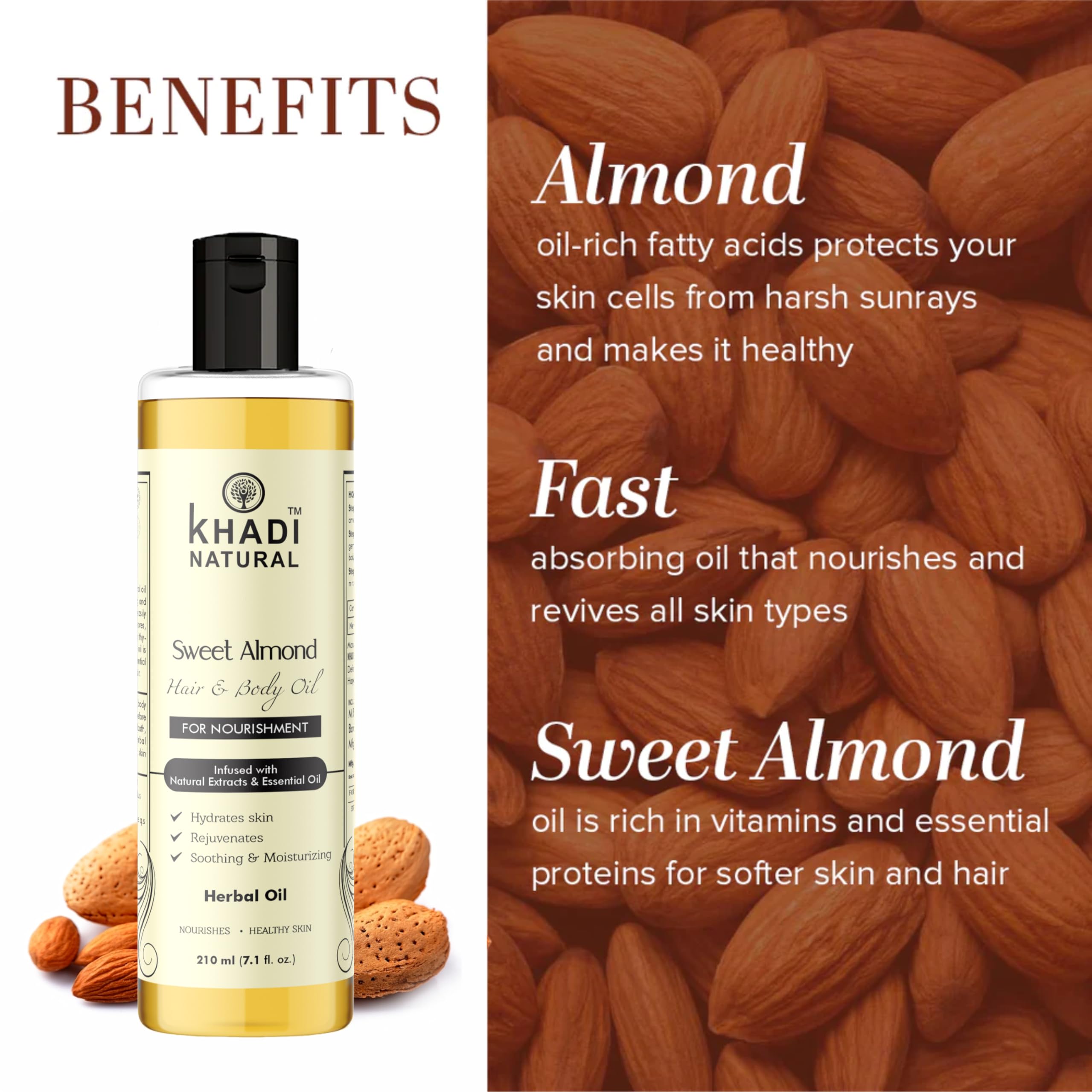 Khadi Natural Sweet Almond Oil for Hair & Body Massage - 210ml | Organic Ayurvedic Oil for Anti Hair Fall & Dandruff | Herbal Treatment for Dry Scalp & Skin Hydration | Perfect for Aromatherapy & DIY Beauty Recipes