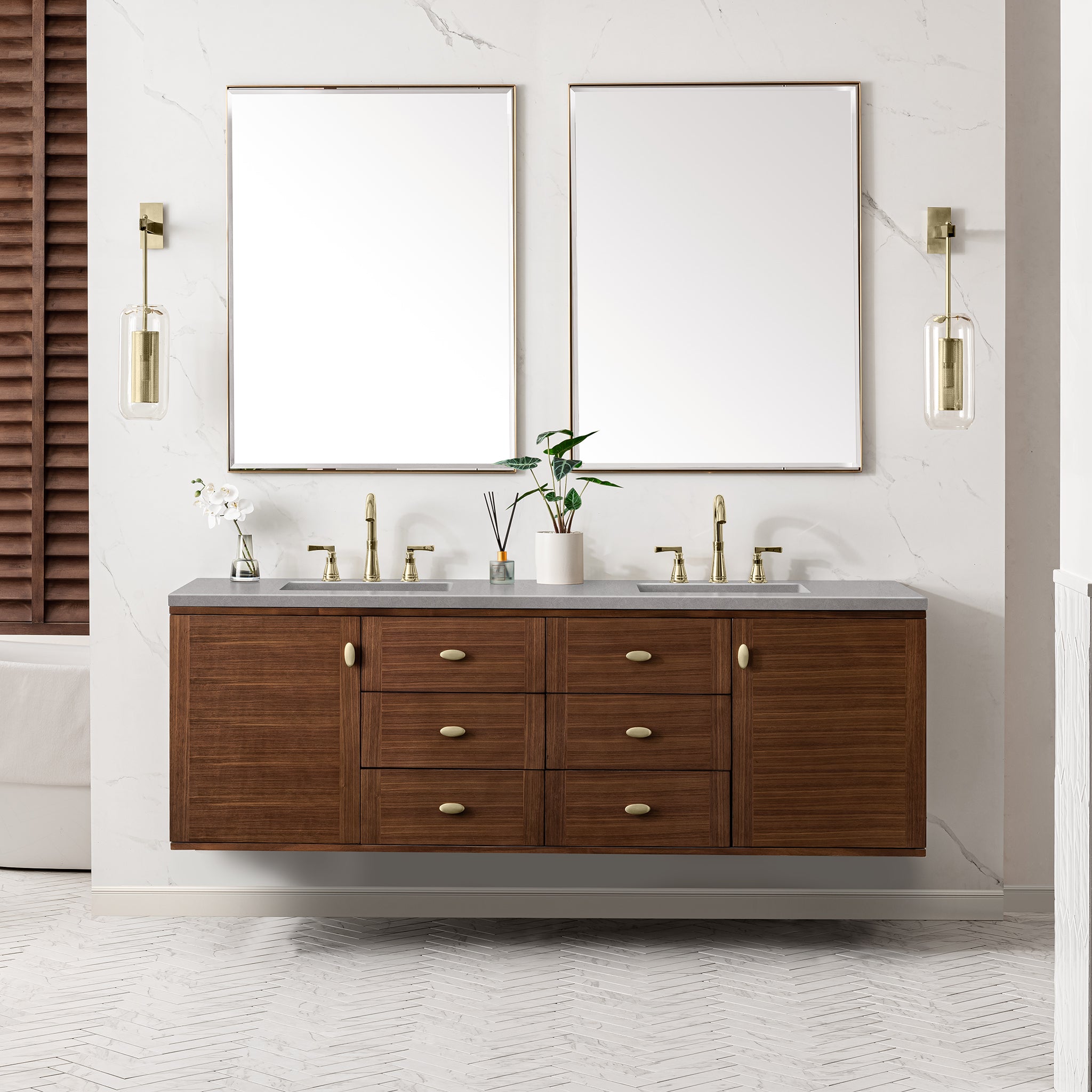 Amberly 72 Inch Double Sink Bathroom Vanity - Mid Century Modern Walnut Finish with 3CM Eternal Serena Quartz Top - Perfect for Master Bathroom or Guest Bath Remodel
