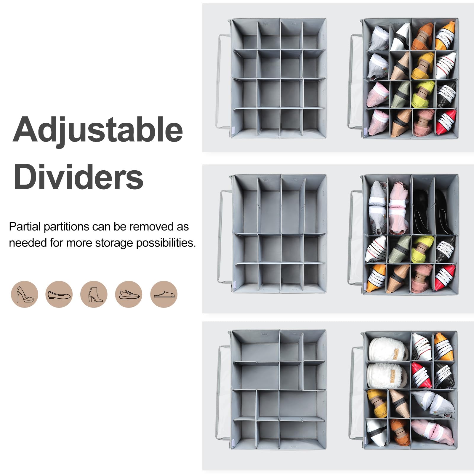 Foldable Shoe Organizer for Closet - Adjustable Dividers & Clear Cover Storage Box | Space Saving Shoe Cabinet with Reinforced Handles (Fits 16 Pairs, Gray) | Perfect for Bedroom, Entryway & Dorm Organization (Model TP09G)