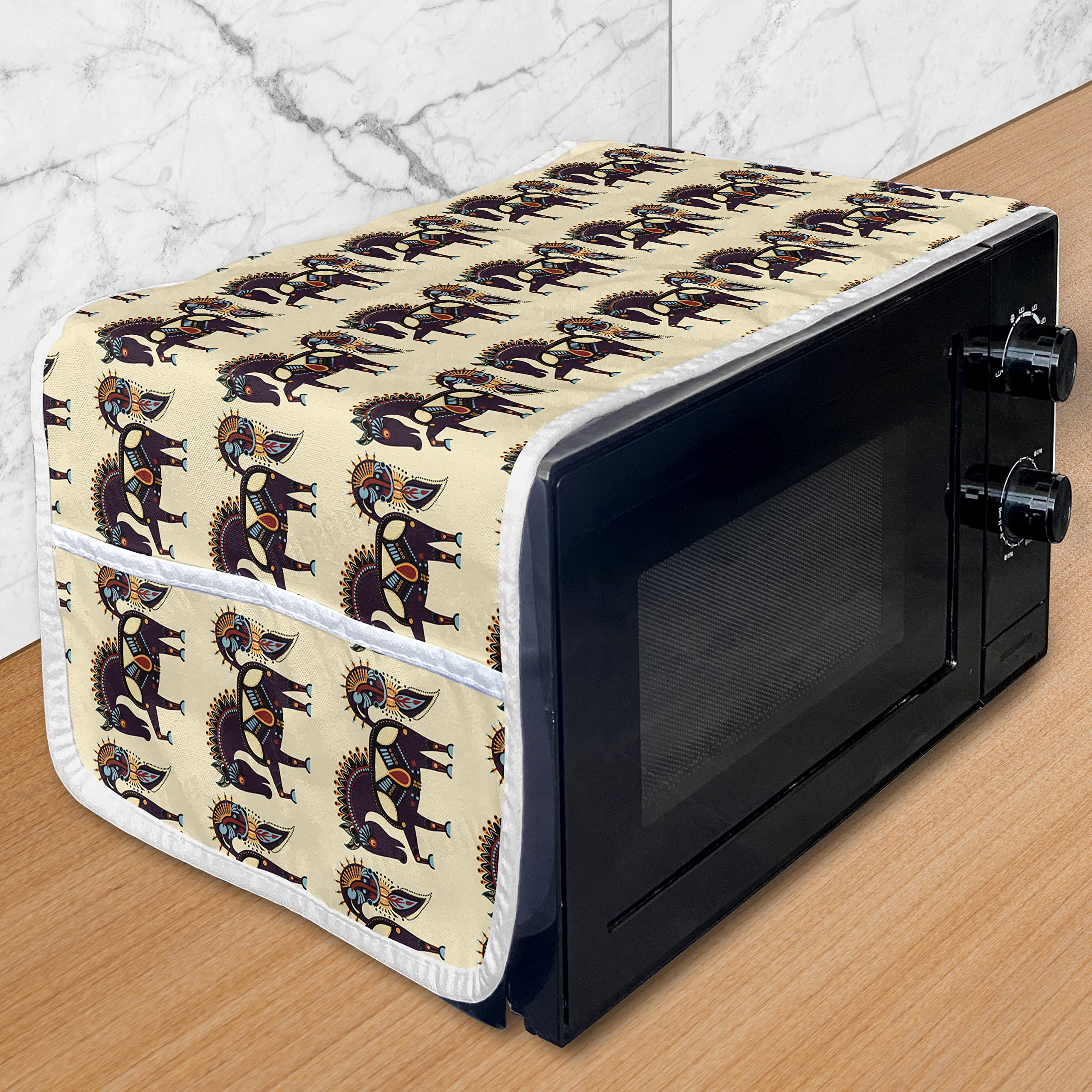Ambesonne Folk Art Microwave Cover - Ukrainian Karakoko Style Ornamental Horse Design, Waterproof Kitchen Organizer with Pockets, 36