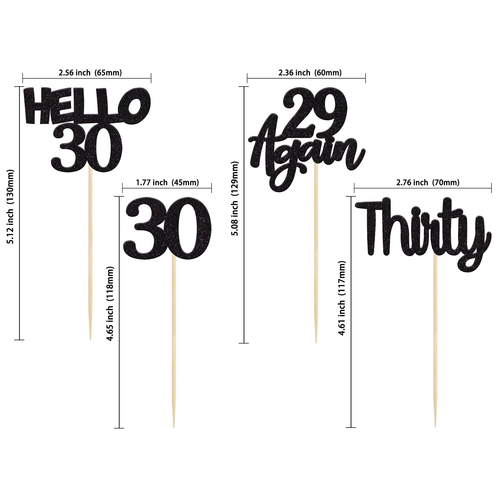 24Pcs Black Glitter 30th Birthday Cupcake Toppers - Hello 30 Cake Decorations - Again 29 Thirty Cupcake Picks for 30th Birthday Party Supplies - Perfect for Milestone Celebrations, Anniversary Cakes & Dessert Table Decor