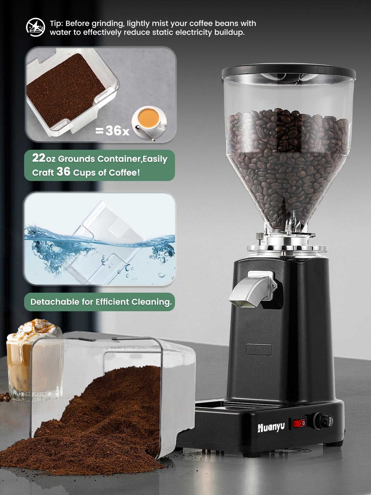 Premium Huanyu Electric Flat Burr Coffee Grinder - 19 Adjustable Grind Settings, 35oz Large Capacity for Fresh Beans - Perfect for Home Baristas & Coffee Shops (Black) | Ideal for Espresso, French Press & Cold Brew Preparation