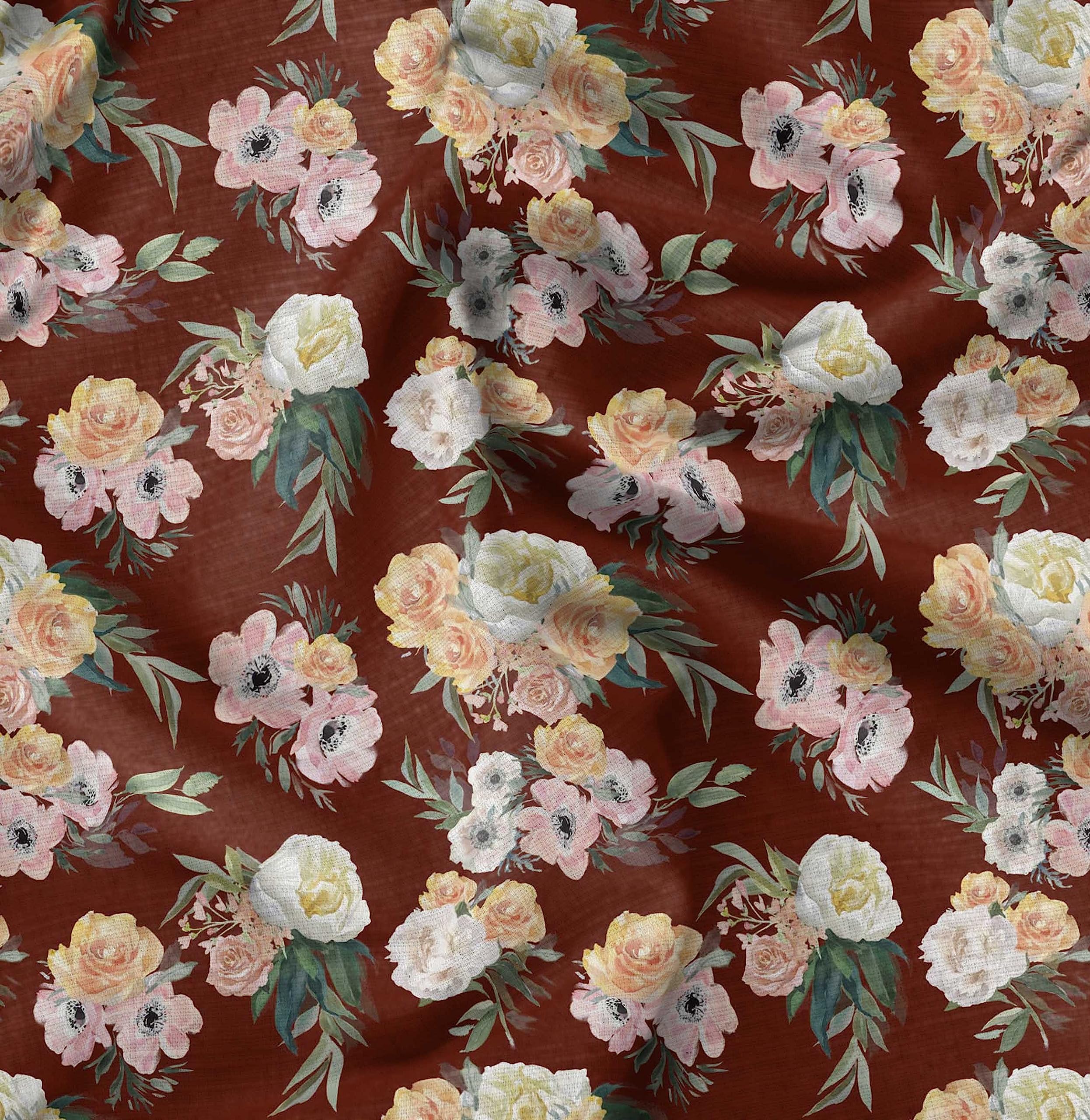 Soimoi Moss Georgette Red Fabric by The Yard - 42 Inch Wide Floral Printed Fabric with Anemone & Begonia Design - Lightweight Drapeable Material for Dresses, Scarves, Curtains and DIY Fashion Projects