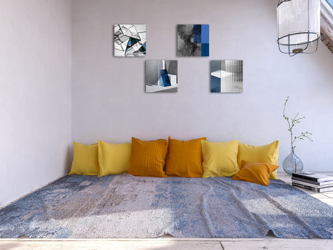 Biufo Abstract Geometric Canvas Wall Art Prints - Modern Blue Painting for Office, Bedroom & Living Room Decor - Set of 4 (12x12 Inches) - Perfect for Home Styling & Gift Giving