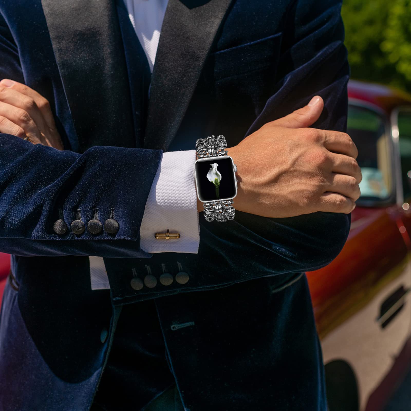 VIQIV Stainless Steel Metal Band for Apple Watch Ultra/Series 8/7/6/5/4/3/2/1 - 49mm 45mm 44mm 42mm 41mm 40mm 38mm - Dressy Bracelet Strap for Men & Women - Perfect for Work, Gym & Everyday Wear