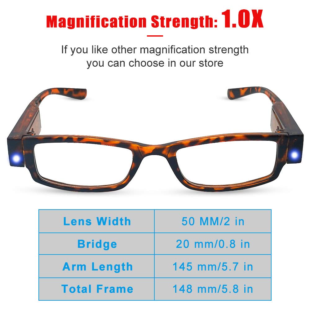 LED Magnifying Reading Glasses with Light for Men & Women - +1.0 Strength Full Frame Lighted Eyewear - Perfect for Nighttime Reading, Crafts, and Low Light Conditions