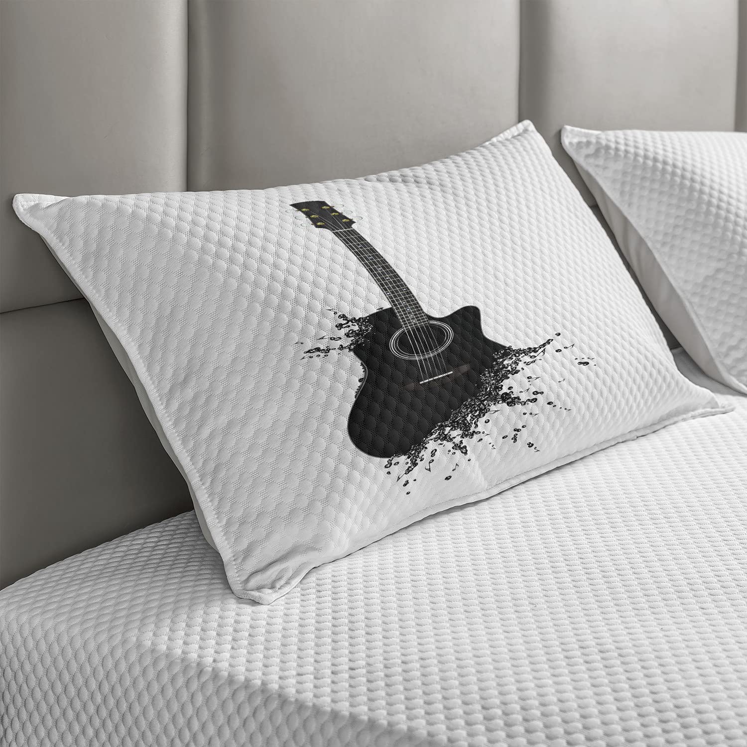 Ambesonne Guitar Quilted Pillow Cover - Black & White Monochrome Acoustic Instrument Design with Strings, Standard Queen Size 30x20 Inch Decorative Cushion Cover for Bedroom, Living Room, Sofa & Home Decor