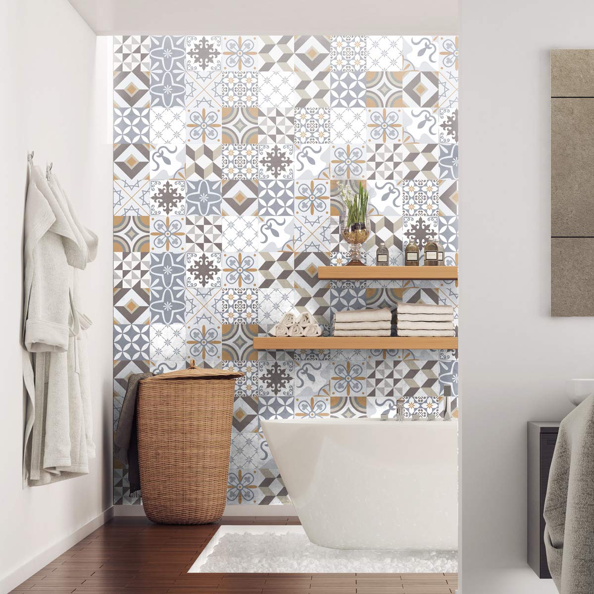 Self-Adhesive Tile Stickers 20x20cm (60 Pack) - Peel & Stick Cement Tiles for Kitchen, Bathroom, Laundry Room - Waterproof Wall Decoration for Home & Office Renovation