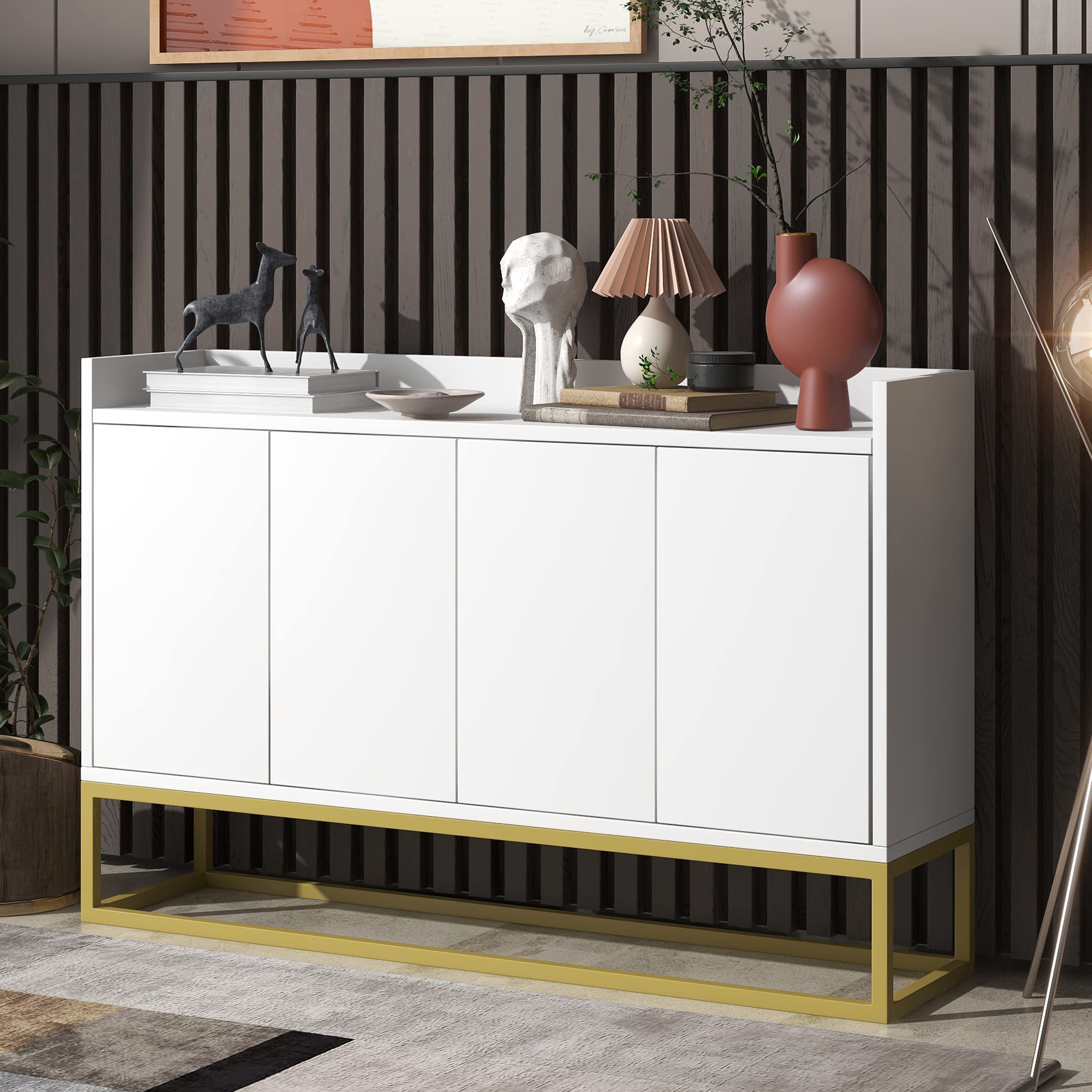 Modern White Sideboard Console Table with Metal Legs & Adjustable Shelf, Elegant Buffet Cabinet for Dining Room, Living Room, Entryway Storage Solution