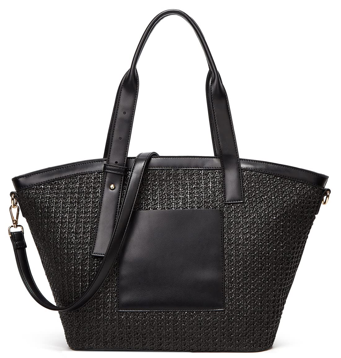 Stylish Women's Straw Beach Tote Bag - Genuine Leather Handbag with Adjustable Shoulder Strap - Fashionable Designer Purse for Summer Vacation, Pool Party, and Outdoor Travel Accessories