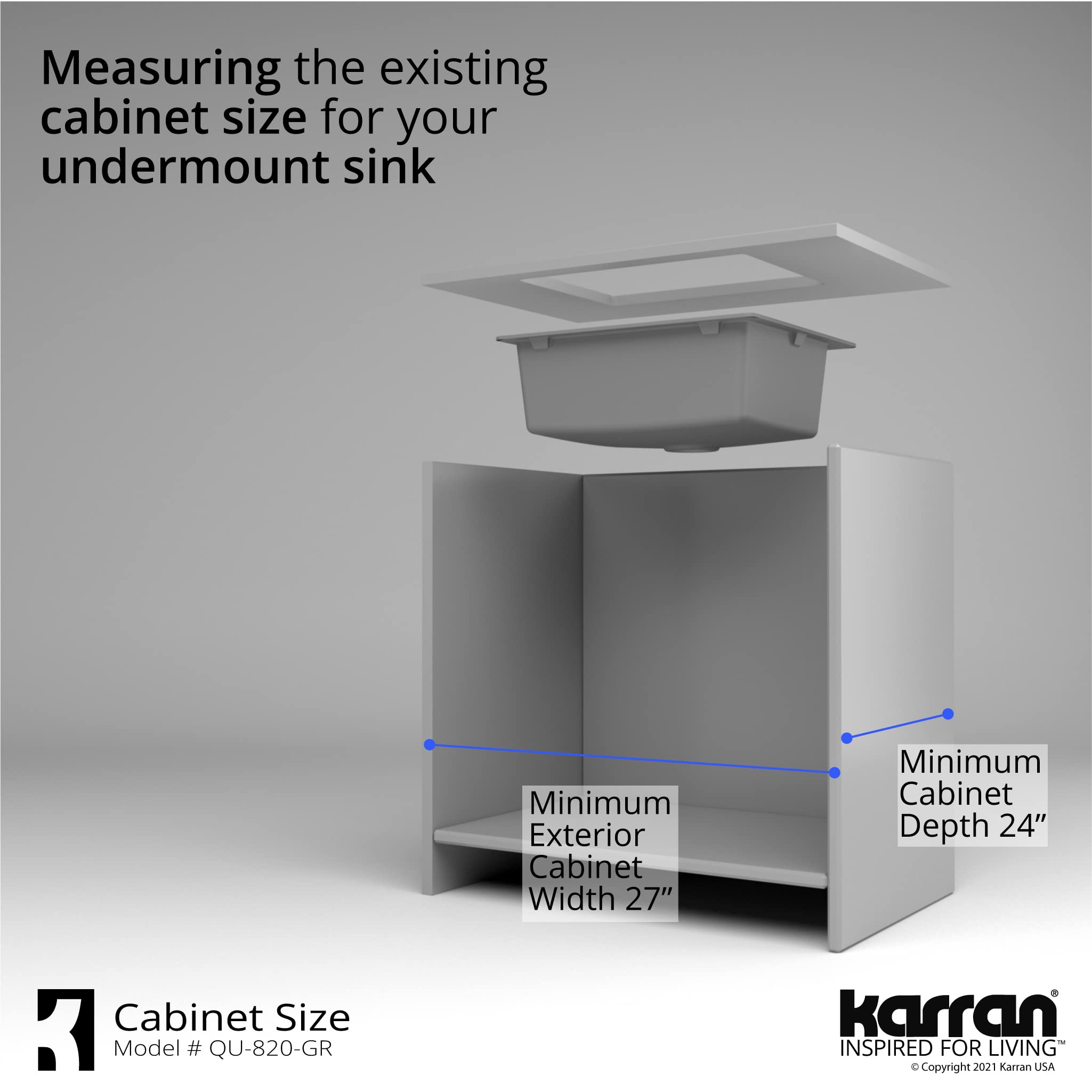 Karran QU-820 Undermount 24.38 Inch Single Bowl Quartz Kitchen Sink Kit in Grey - Durable Stain-Resistant Sink for Modern Kitchens & Food Prep Areas