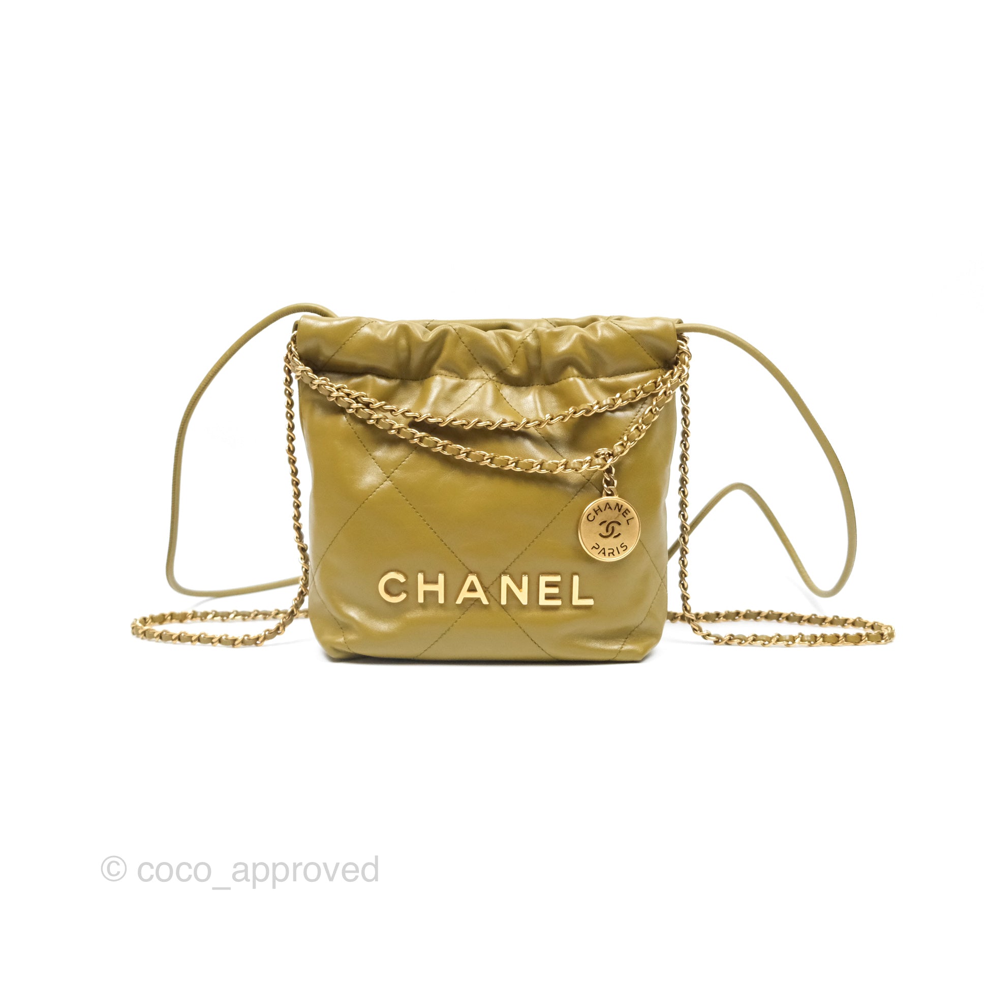 Chanel 22 Mini Bag in Olive Green | Shiny Crumpled Calfskin Leather with Aged Gold Hardware | Luxury Crossbody Purse for Women | Perfect for Date Night & Evening Events