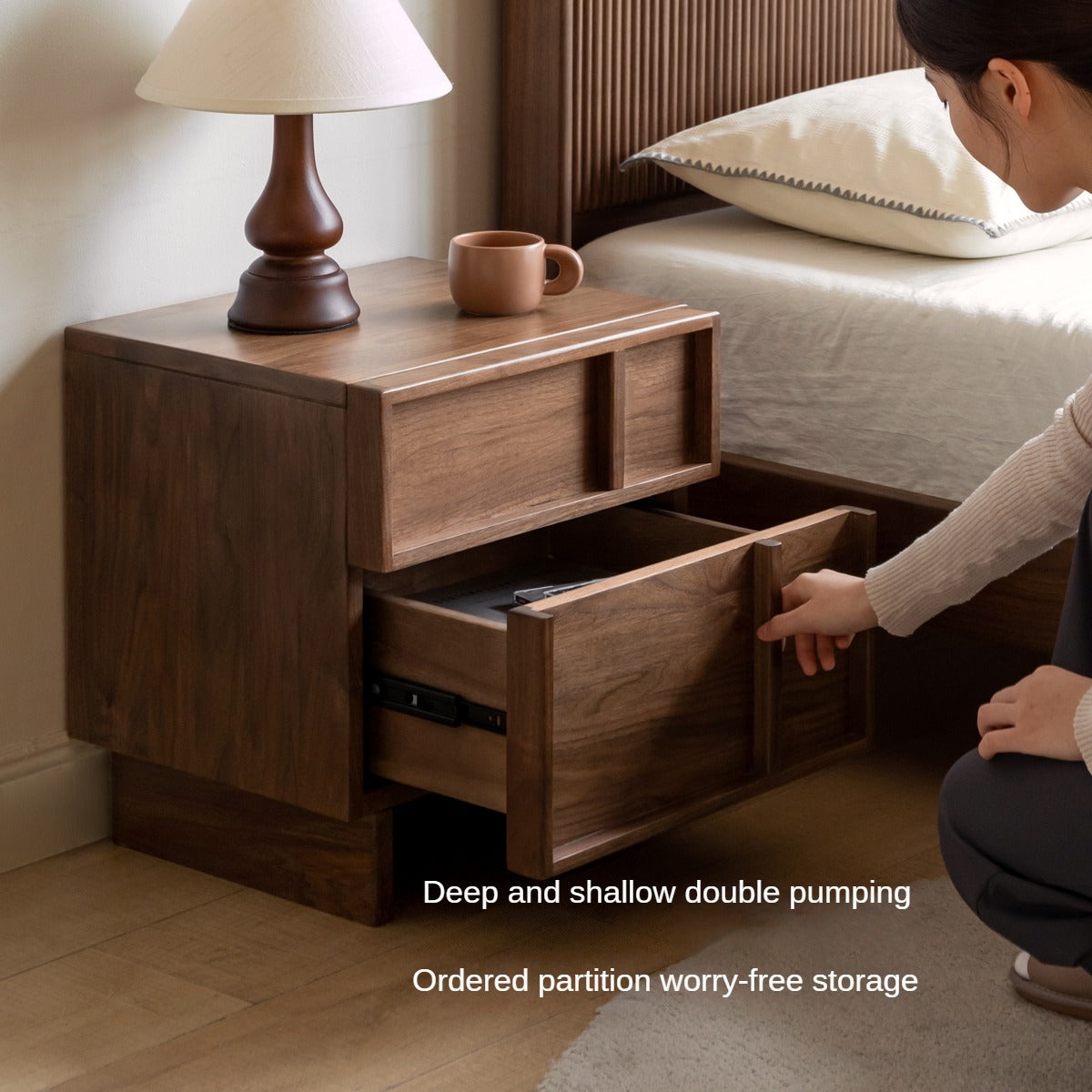 Solid Black Walnut Wood Nightstand with Drawer - Caluswood Bedside Table for Bedroom Storage | Perfect for Small Spaces, Apartment Living & Modern Home Decor