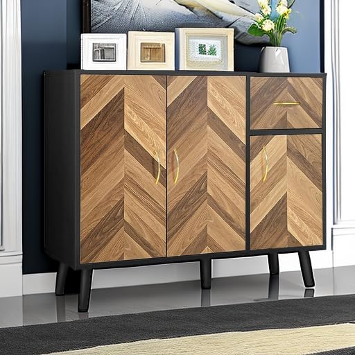 SIHANM 3-Door Sideboard Buffet Cabinet with Drawers & Shelves - Sturdy Free-Standing Storage Cabinet for Hallway, Living Room, Entryway & Kitchen | Perfect for Organizing Dishes, Linens & Home Decor