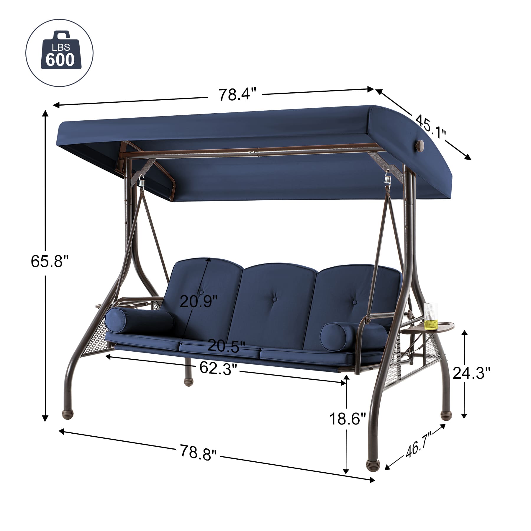 EROMMY 3-Seat Outdoor Patio Swing with Adjustable Canopy - Weather-Resistant Blue Hanging Chair for Garden, Backyard, Porch & Deck Relaxation