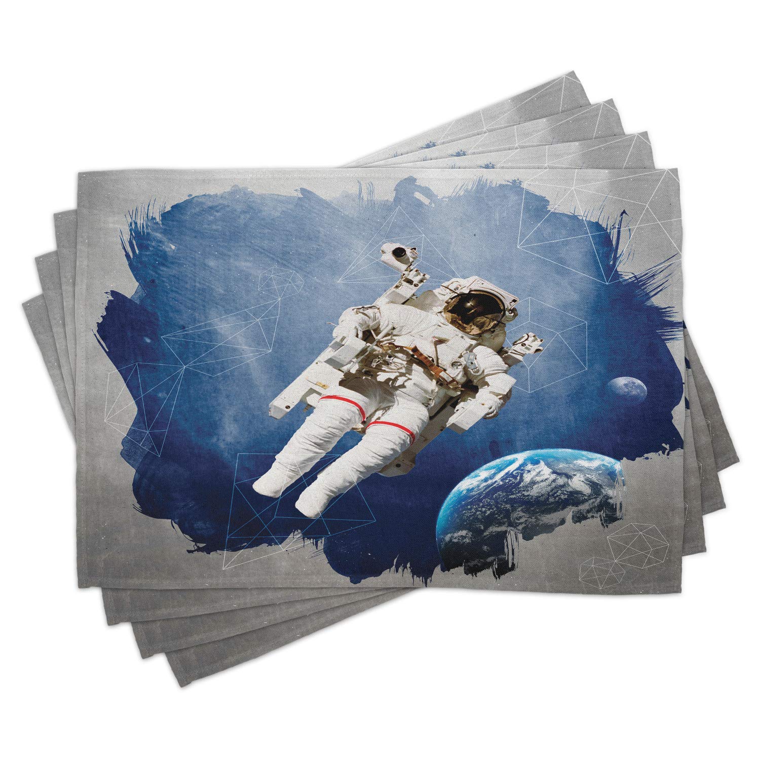 Ambesonne Outer Space Place Mats Set of 4 - Astronaut & Geometric Brushstroke Sci-Fi Modern Art Washable Fabric Placemats for Dining Table, Kitchen Decor in Blue & Beige | Perfect for Space-Themed Parties, Everyday Meals & Modern Home Decor