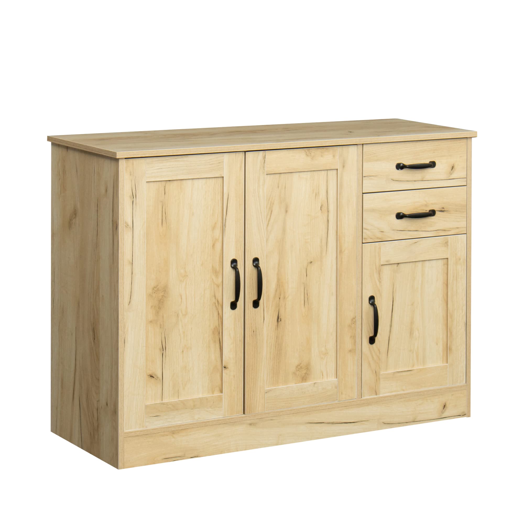 Rustic Oak Storage Cabinet with Adjustable Shelf - 3 Doors & 2 Drawers Entryway Console Table, Buffet Sideboard for Hallway, Foyer, Coffee Bar - Solid Wood Cupboard with Metal Handles (Home Organization & Dining Room Decor)