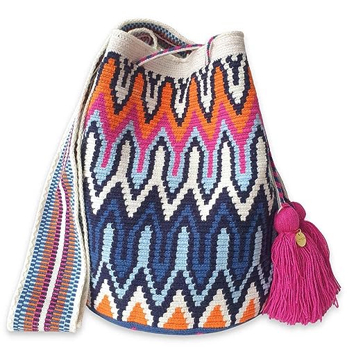 Fairtrade Large Wayuu Crochet Crossbody Bag - Handmade Colombian Mochila Purse for Women (Fuego) | Perfect for Beach, Travel & Boho Fashion Accessories