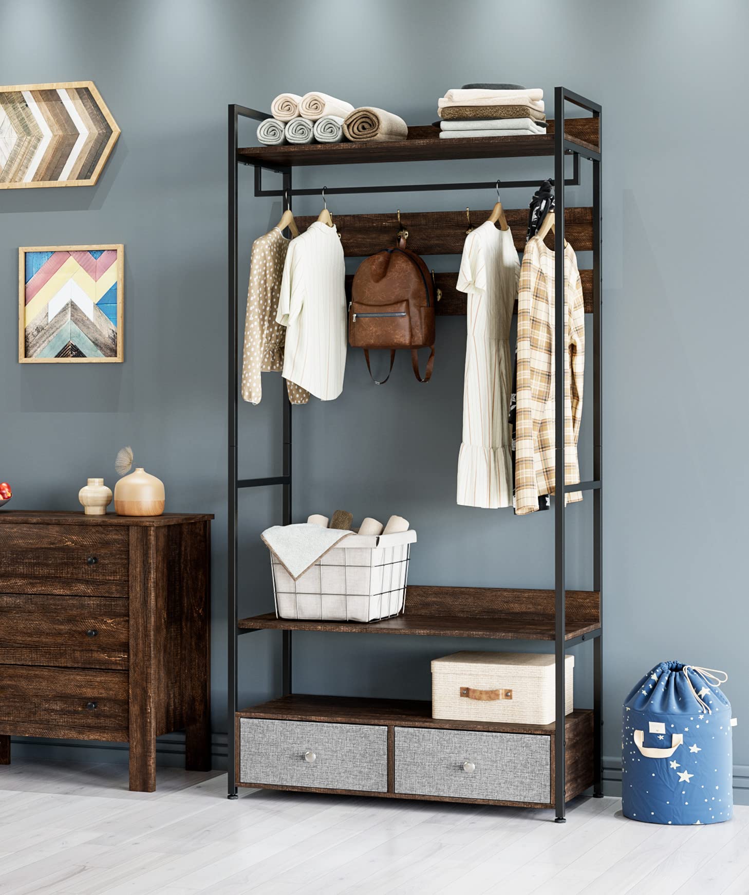 ITUSUT Heavy Duty Free Standing Closet Organizer with Hanging Rod & Shelves - Large Wardrobe Storage System with Drawers for Bedroom, Closet, Dorm - Dark Brown Garment Rack for Clothes, Shoes & Accessories Organization