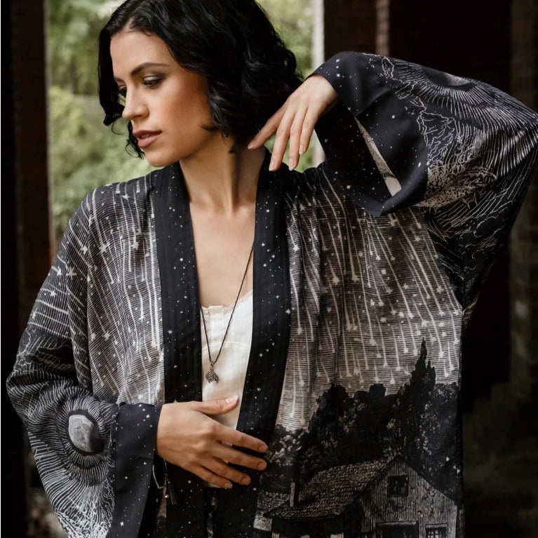 Falling Stars Stargazer Cropped Bamboo Kimono - Lightweight Summer Cover Up for Women, Boho Beachwear, Yoga Cover, Festival Outfit