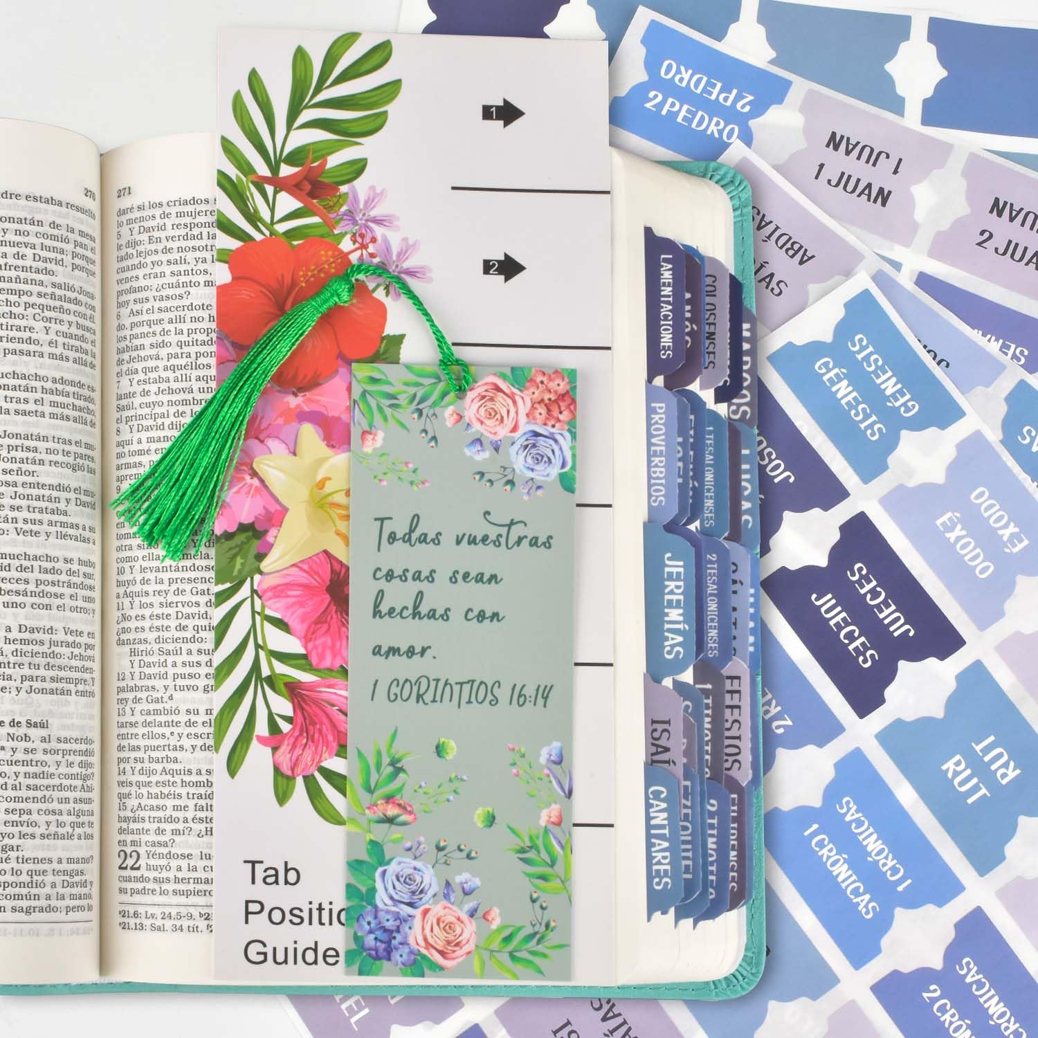 Spanish Bible Index Tabs - 122 Pcs Matte Laminated Floral Design Tabs for Old & New Testament, Bible Journaling Supplies (Blue) - Perfect for Bible Study, Scripture Organization & Gift Giving