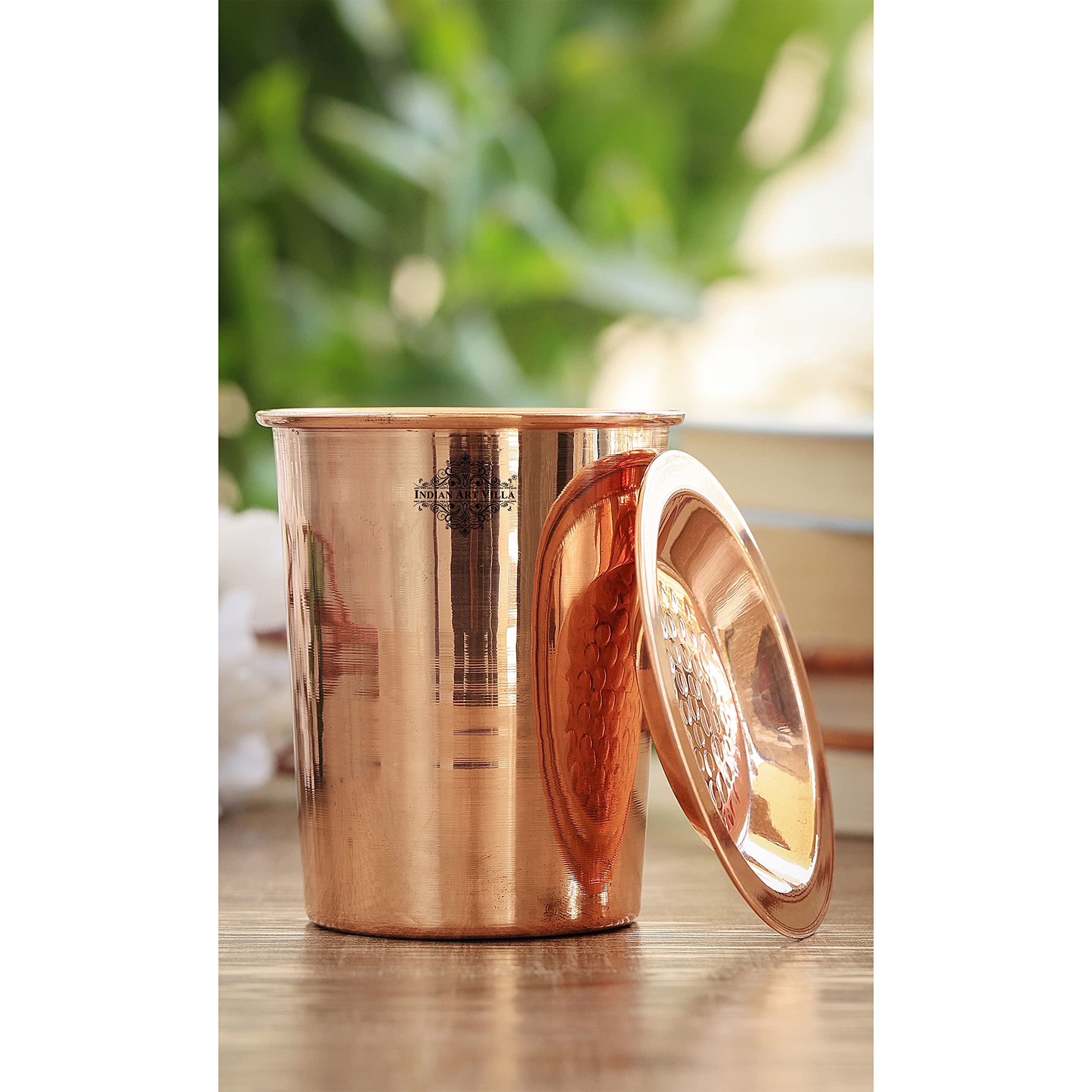Pure Copper Glass Tumbler with Lid - 10 oz Capacity Set of 6 - Indian Handcrafted Goblet Cups for Water, Juice & Beverages - Perfect for Home, Hotel, Restaurant & Kitchen Dining Use