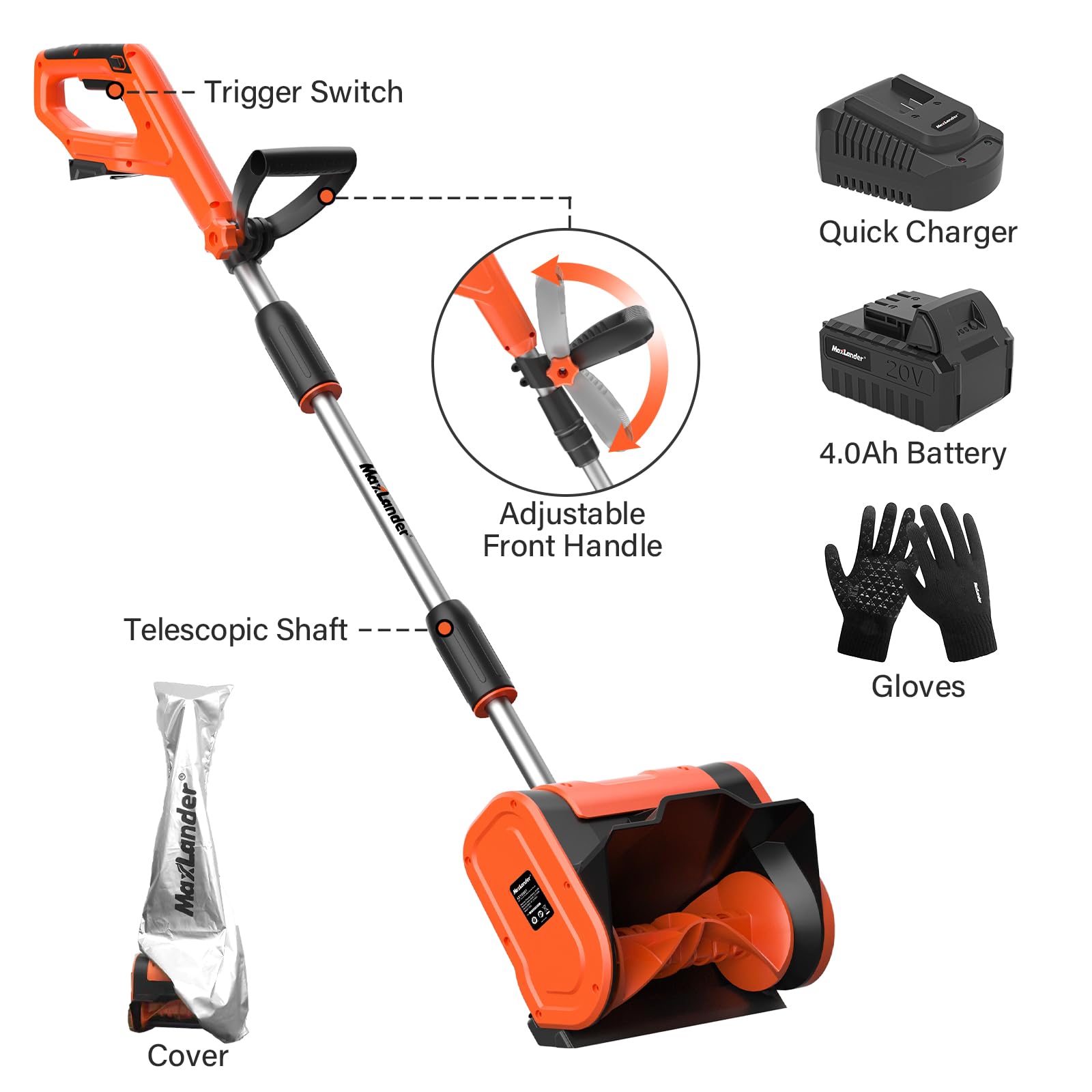 MAXLANDER 20V Cordless Electric Snow Shovel - 11 Inch Battery Powered Snow Blower with Adjustable Handle, 4.0Ah Battery & Charger Included - Perfect for Driveways, Sidewalks & Small Areas (Black)