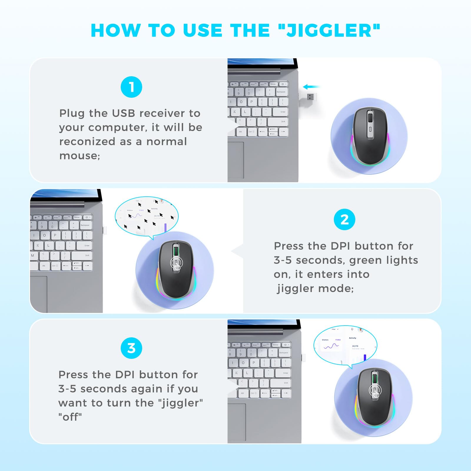 PEIOUS Wireless Mouse Jiggler - Undetectable Random Movement USB Mouse with Built-in Mover, Rechargeable Silent Mouse for Laptop/PC to Keep Computer Awake (Black & Grey) - Perfect for Remote Work, Online Meetings & Preventing Screen Lock