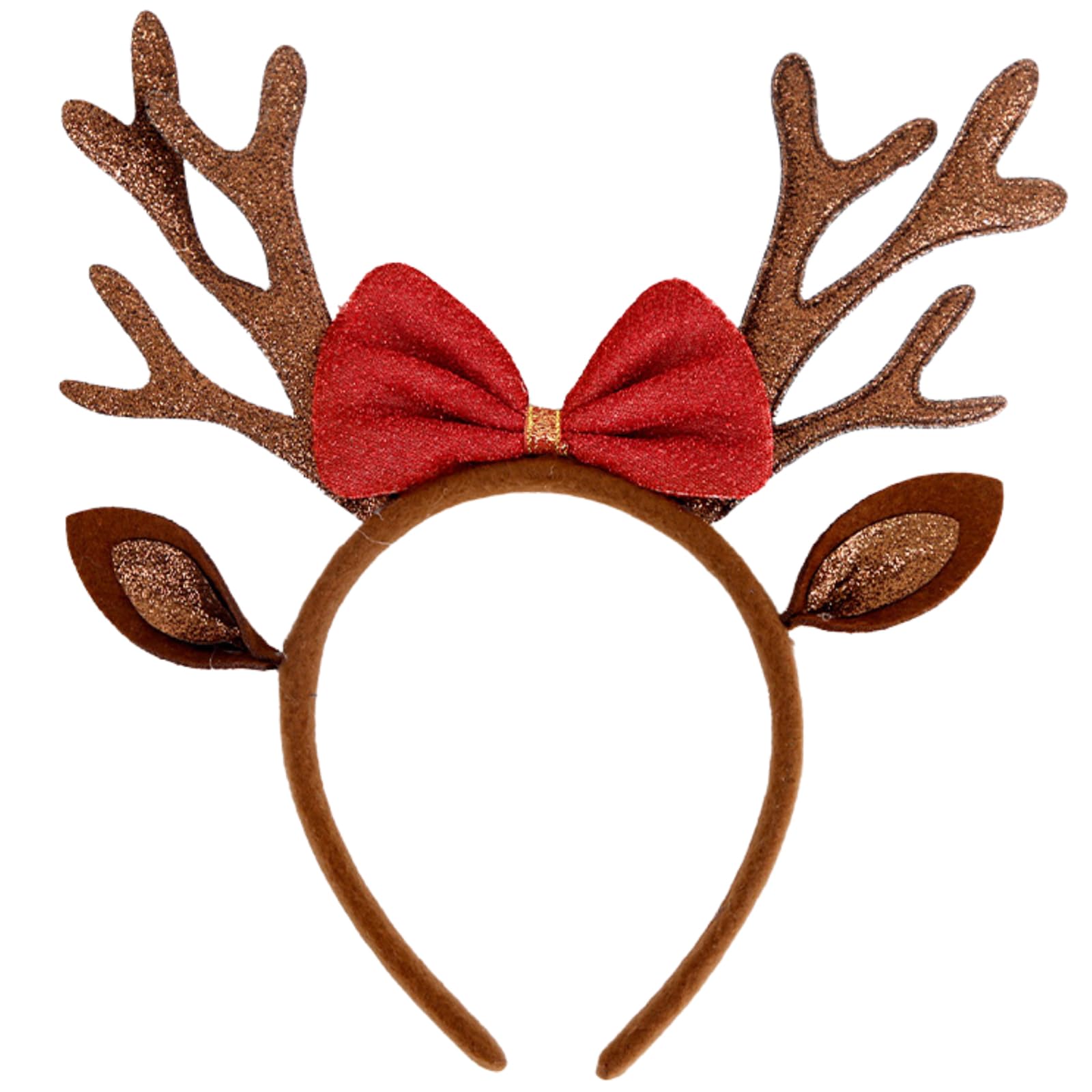 QDTK Brown Reindeer Antlers Headband for Women & Girls - Sparkling Sequined Glitter Deer Ears with Bow Hair Accessories | Christmas Holiday Party Costume, Xmas Photo Props, Festive Outfit Decoration