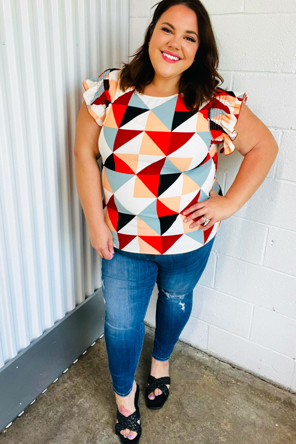 Stylish Burnt Orange Geo Print Smocked Ruffle Sleeve Blouse for Women | Trendy Casual & Party Wear | Perfect for Date Nights, Office Outfits & Summer Fashion
