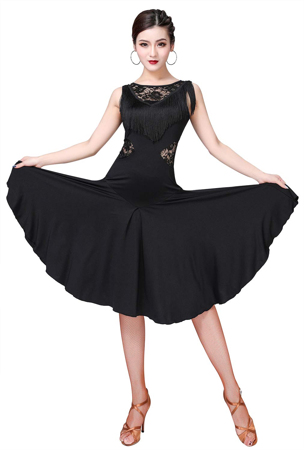 Elegant Ballroom Dance Dresses for Women - Fringed Lace Back Salsa Latin Dance Dress with Built-in Shorts (5 Color Options) | Perfect for Salsa, Latin, Tango & Social Dancing