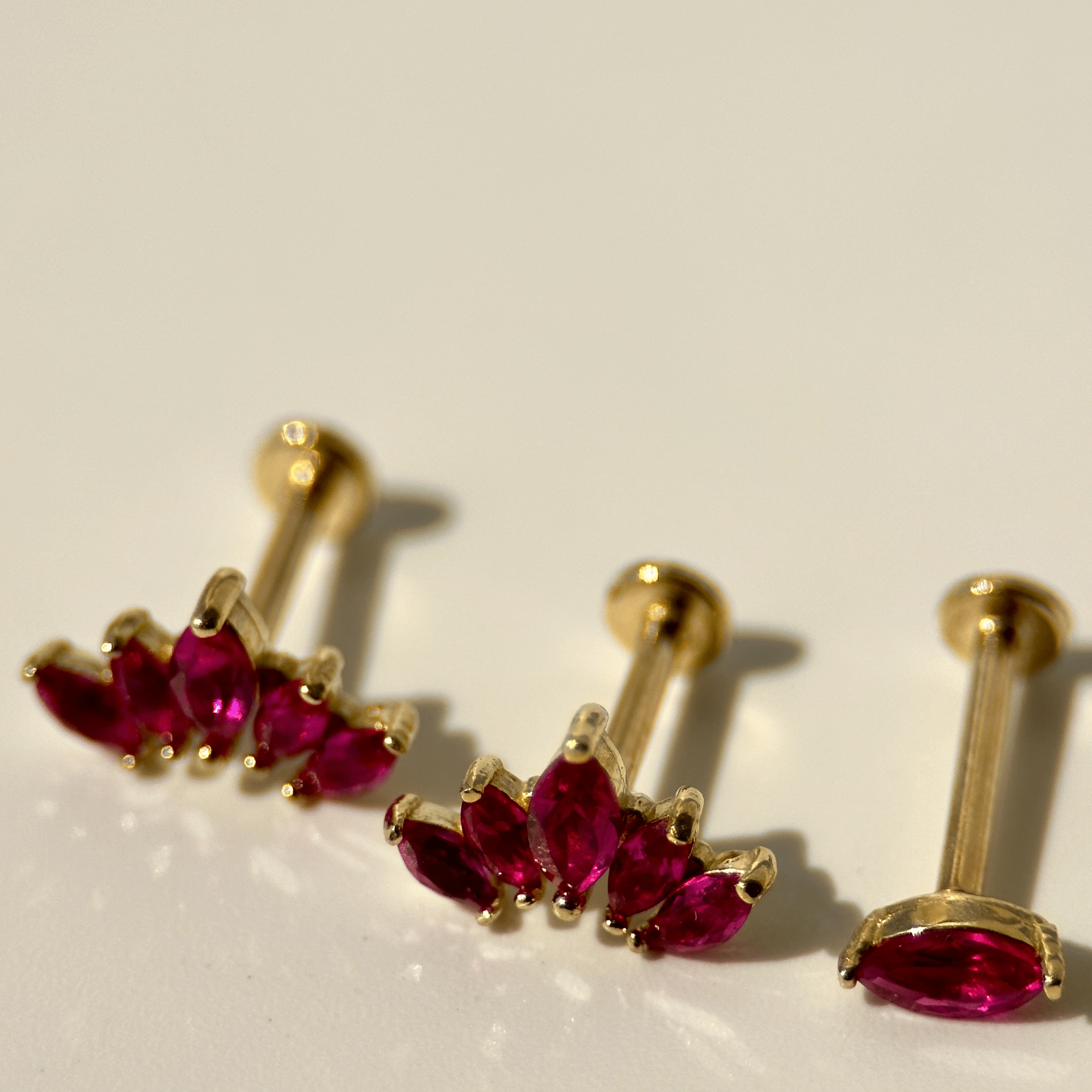 14K Yellow Gold Marquise Cut Ruby Lotus Stud Earrings - Five Petal Flower Design, Flat Back for Comfort - Perfect for Weddings, Parties & Everyday Elegance