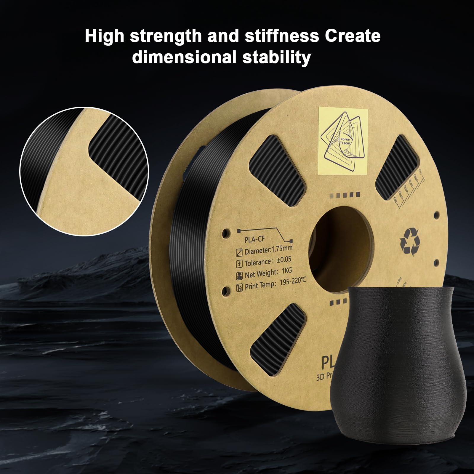 Premium Carbon Fiber PLA Filament 1.75mm - High Strength 3D Printer Filament - Black PLA-CF Composite Material - 340m Spool (2.2 LBS) for FDM 3D Printers - Perfect for Automotive Parts, Drone Frames & Industrial Prototypes