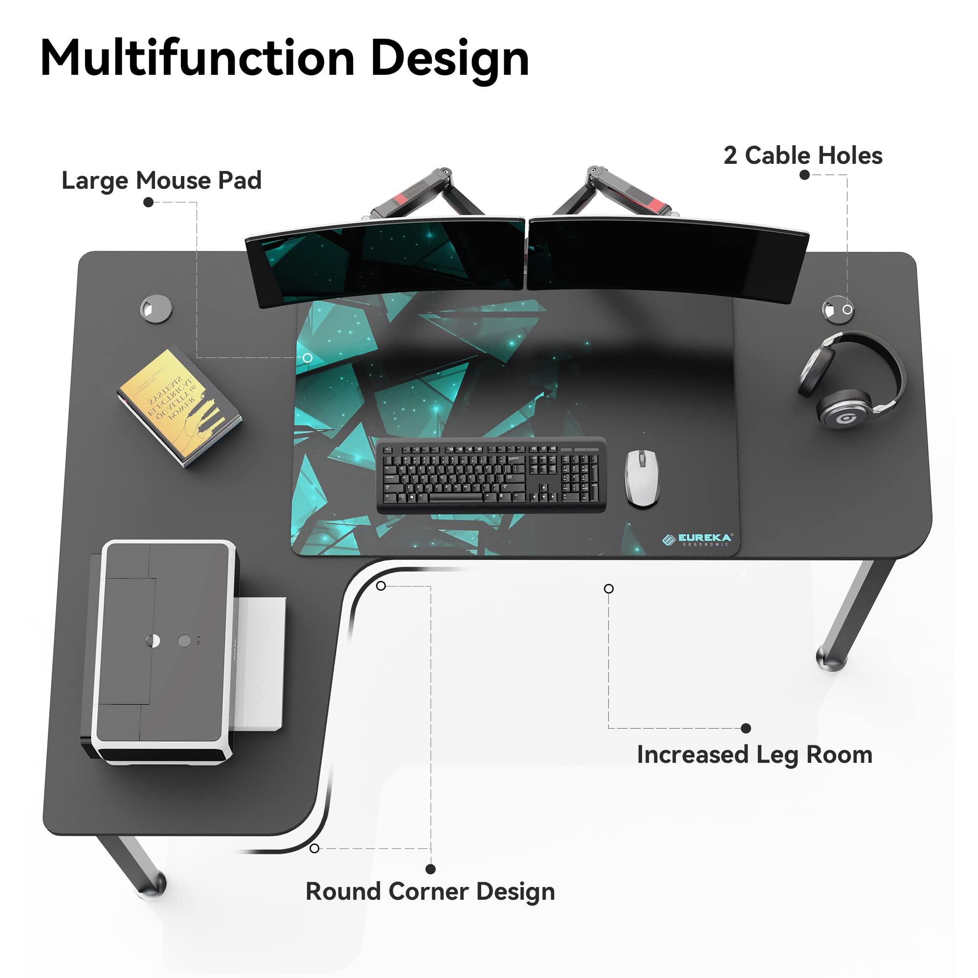Eureka Ergonomic 61 Inch L-Shaped Gaming Desk - Corner Computer Desk for Home Office, Study & Writing - Sturdy Metal Frame with Mouse Pad & Cable Management - Easy to Assemble (Left/Right Setup) - Perfect for Gaming, Work from Home & Small Spaces