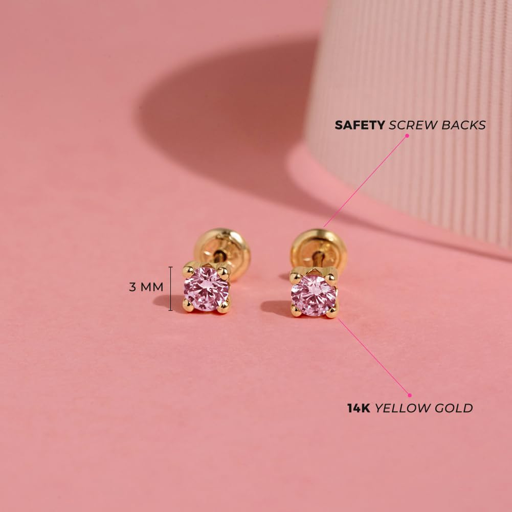 14K Yellow Gold Tiny Pink 2mm-3mm Cubic Zirconia Screw Back Earrings for Baby Girls - Small Round Stud Earrings for Newborns, Infants & Toddlers - Safety Screw Back Locking & Tiny CZ Studs - Perfect for Baptism, First Birthday Gifts & Special Occasions